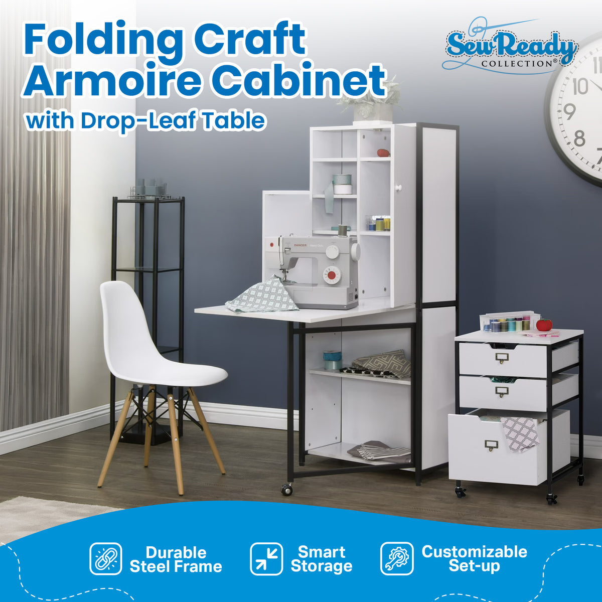 Sew Ready Folding Craft Armoire Cabinet, Multipurpose Workstation with Table