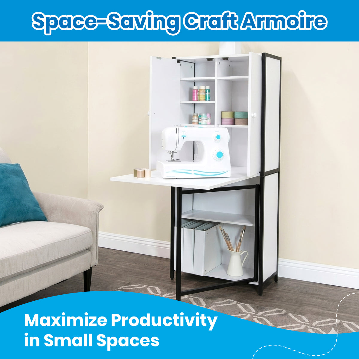 Sew Ready Folding Craft Armoire Cabinet, Multipurpose Workstation with Table