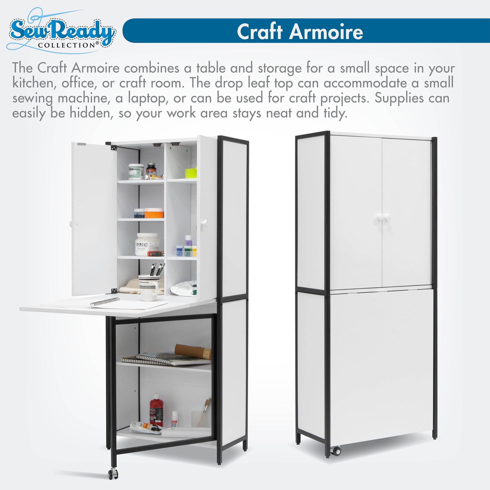 Sew Ready Folding Craft Armoire Cabinet, Multipurpose Workstation with Table - VMInnovations