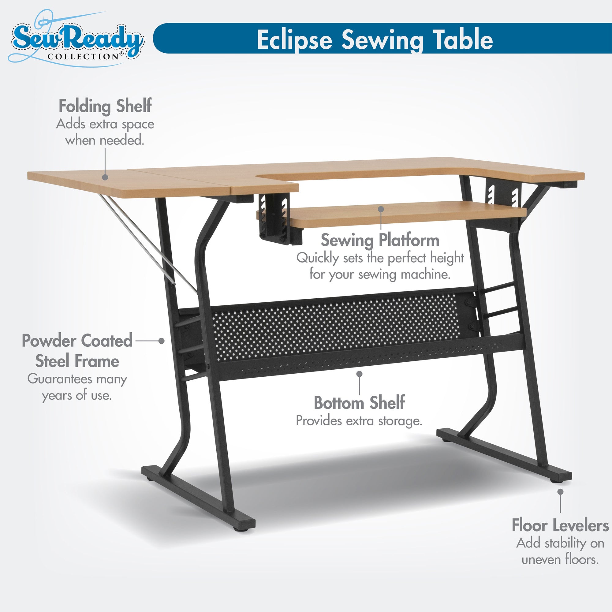 Sew Ready Eclipse Hobby Sewing Table with Storage Drawer and Shelves, Maple