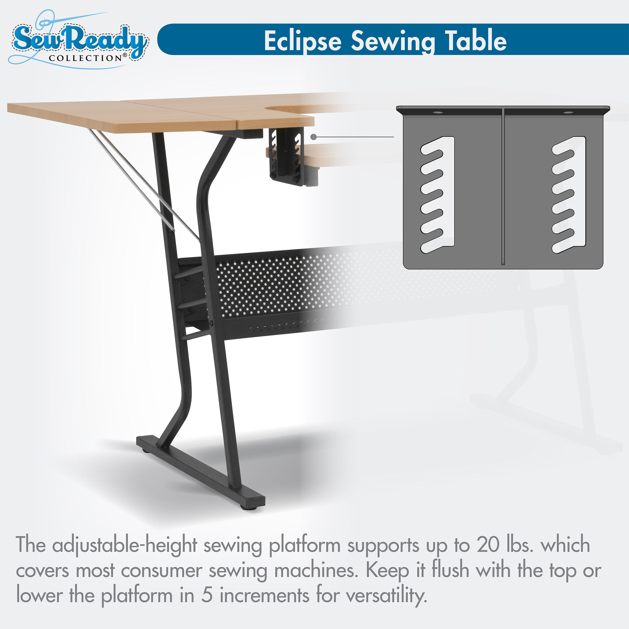 Sew Ready Eclipse Hobby Sewing Table with Storage Drawer and Shelves, Maple