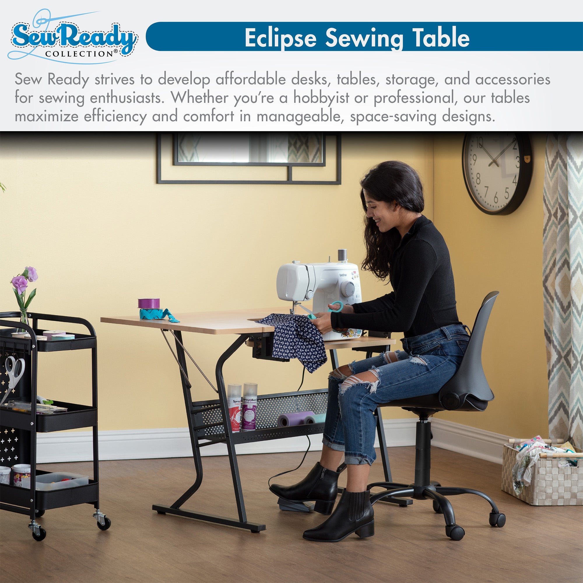 Sew Ready Eclipse Hobby Sewing Table with Storage Drawer and Shelves, Maple