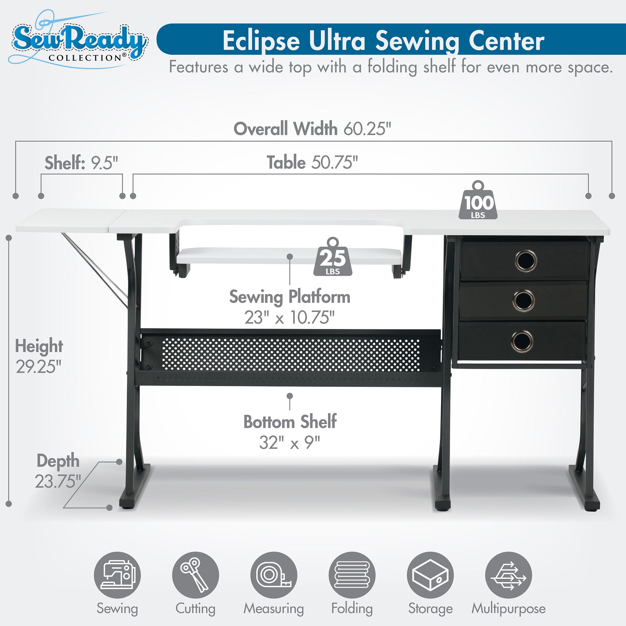 Sew Ready Eclipse Hobby Sewing Table with Storage Drawer and Shelves, Black - VMInnovations