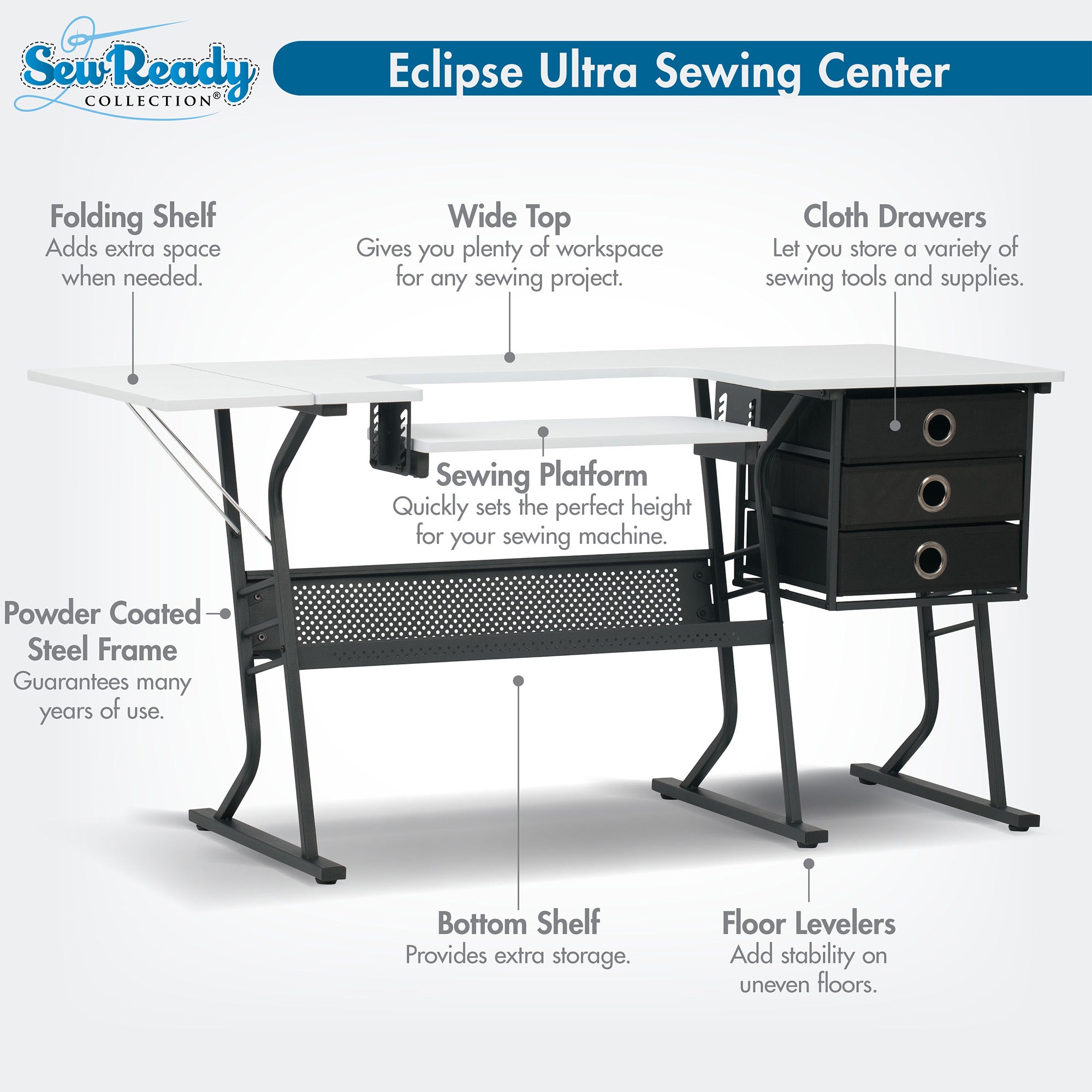 Sew Ready Eclipse Hobby Sewing Table with Storage Drawer and Shelves, Black - VMInnovations