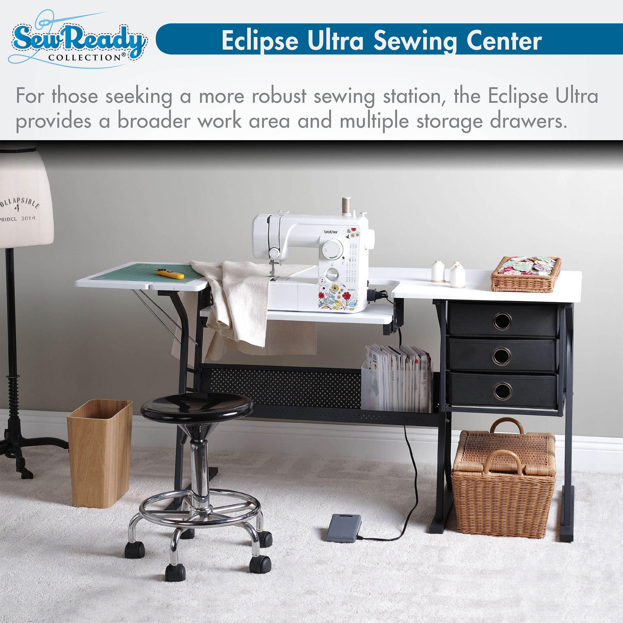 Sew Ready Eclipse Hobby Sewing Table with Storage Drawer and Shelves, Black - VMInnovations