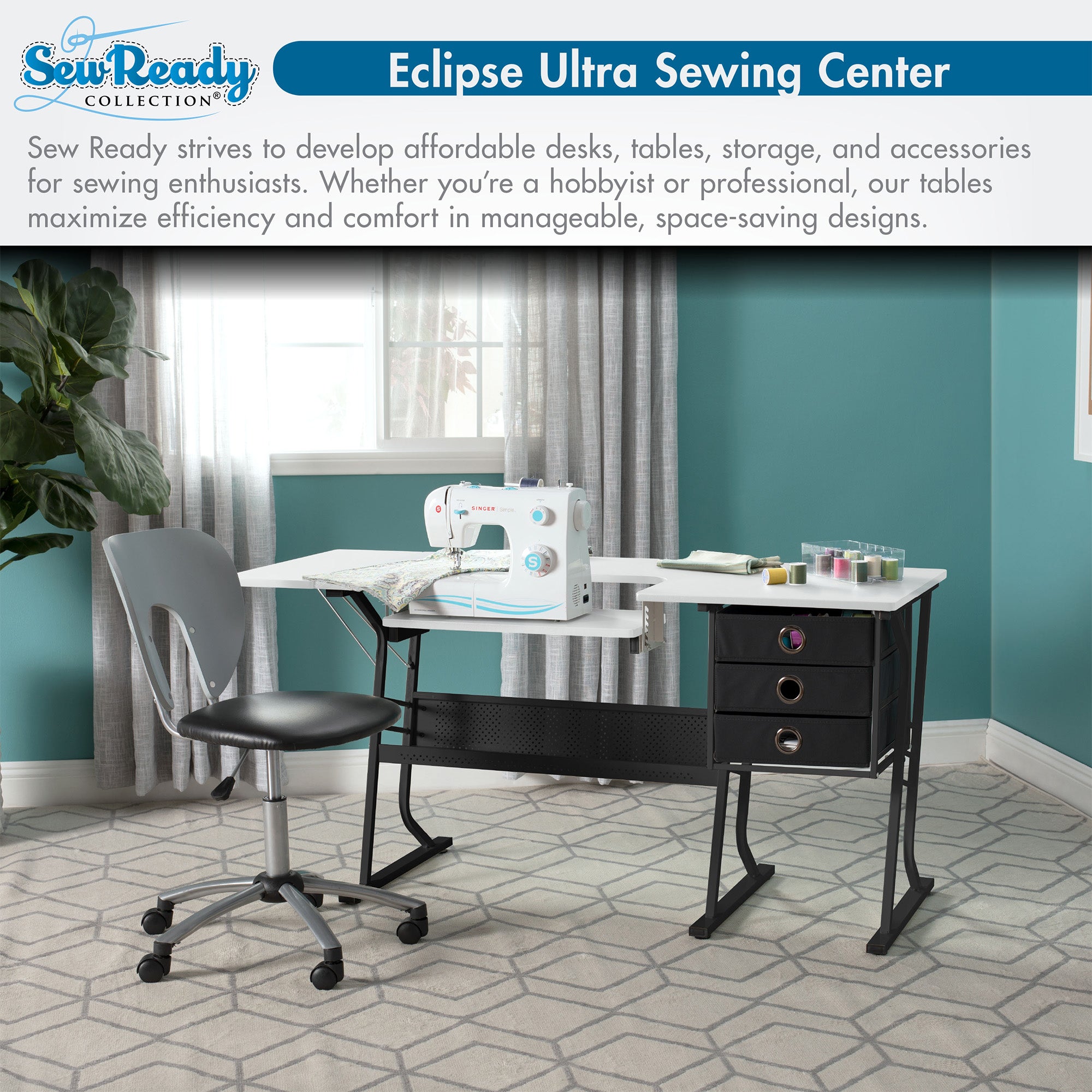 Sew Ready Eclipse Hobby Sewing Table with Storage Drawer and Shelves, Black - VMInnovations
