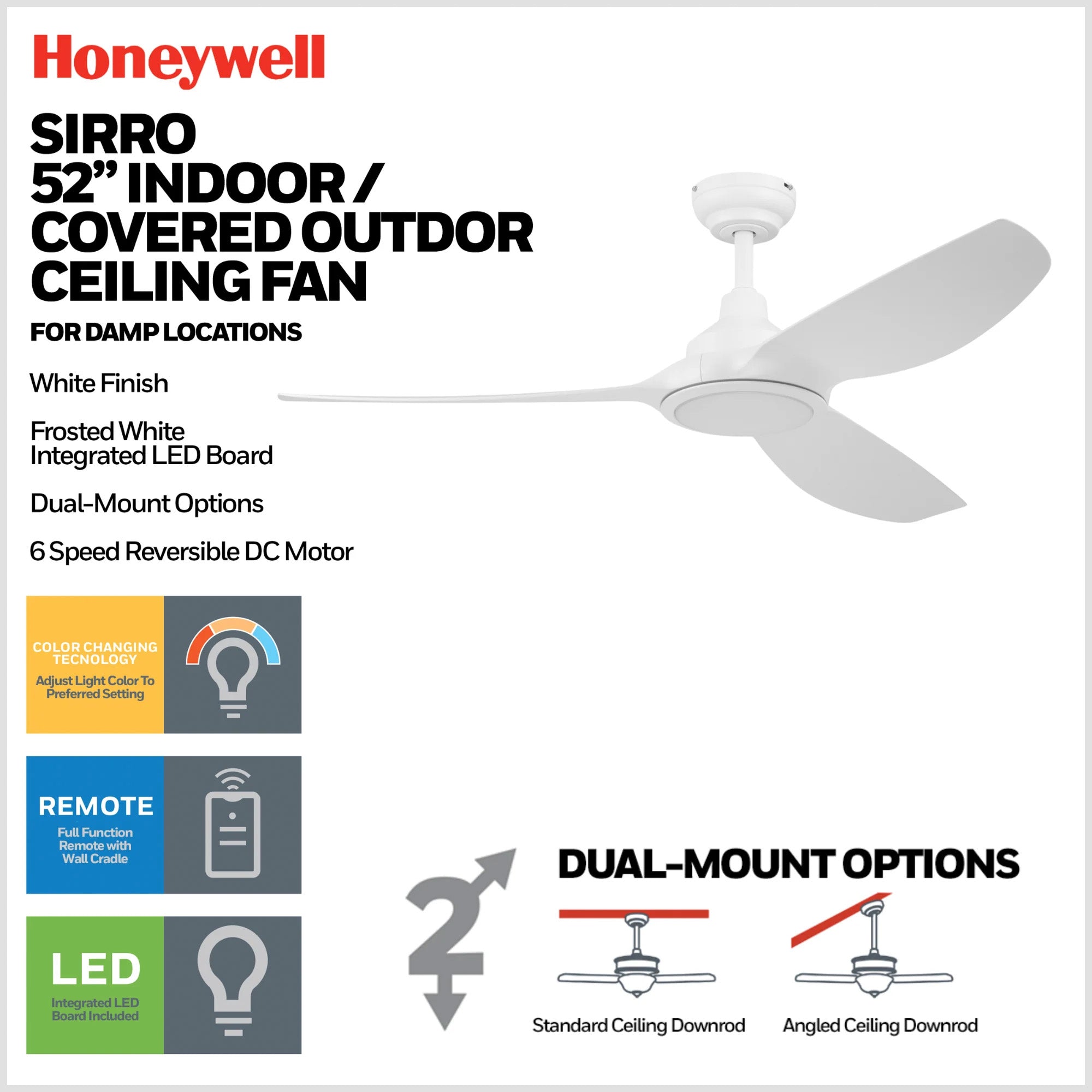 Honeywell Sirro 52" Ceiling Fan with Light & Remote, 3 White Blades, (Open Box)