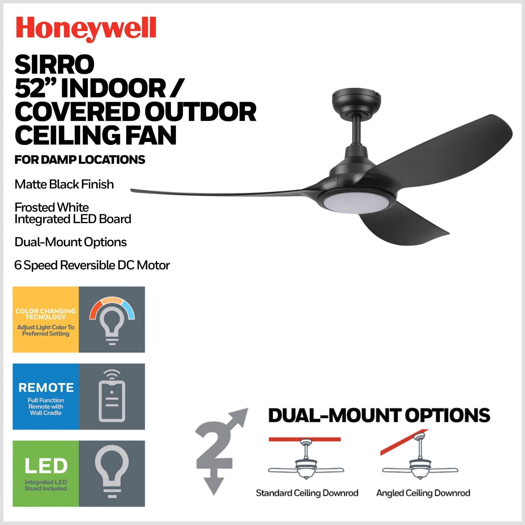 Honeywell Sirro 52" Ceiling Fan with Light & Remote, 3 Black Blades, Matte Black