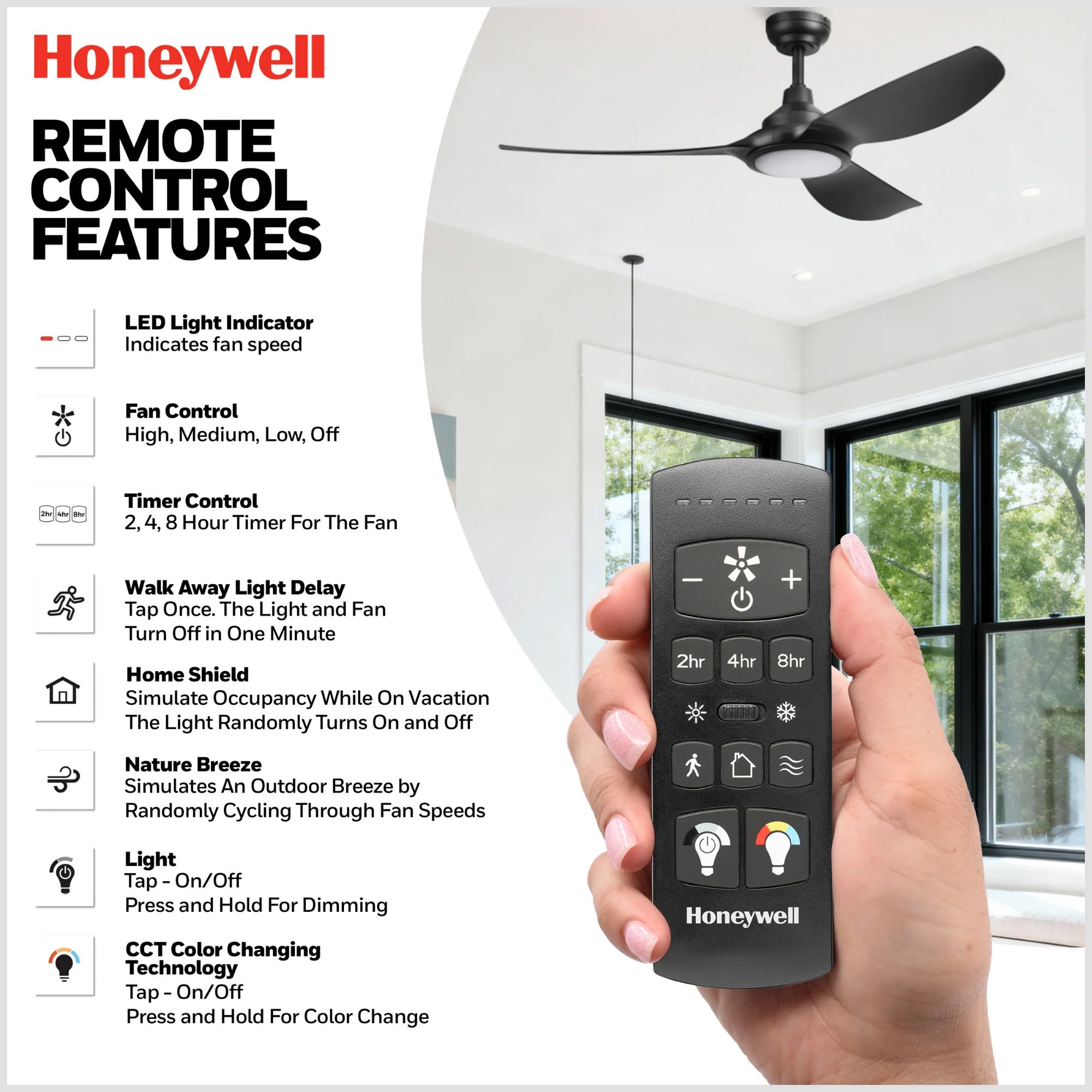 Honeywell Sirro 52" Ceiling Fan with Light & Remote, 3 Black Blades, Matte Black