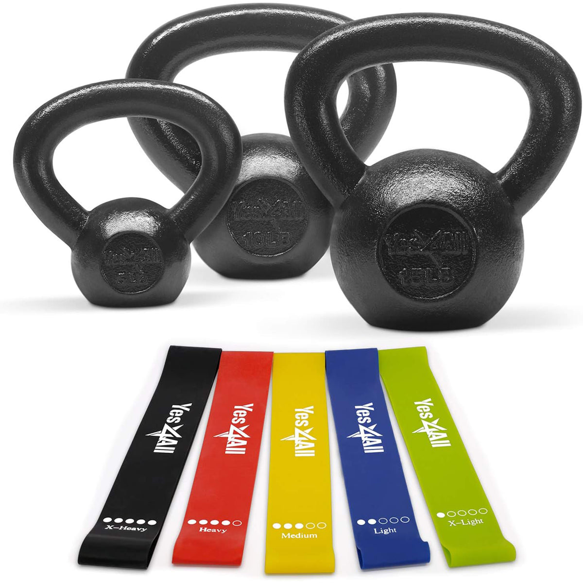 Yes4All 5, 10, and 15 lb Cast Iron Kettlebell Set With Loop Bands for Exercises