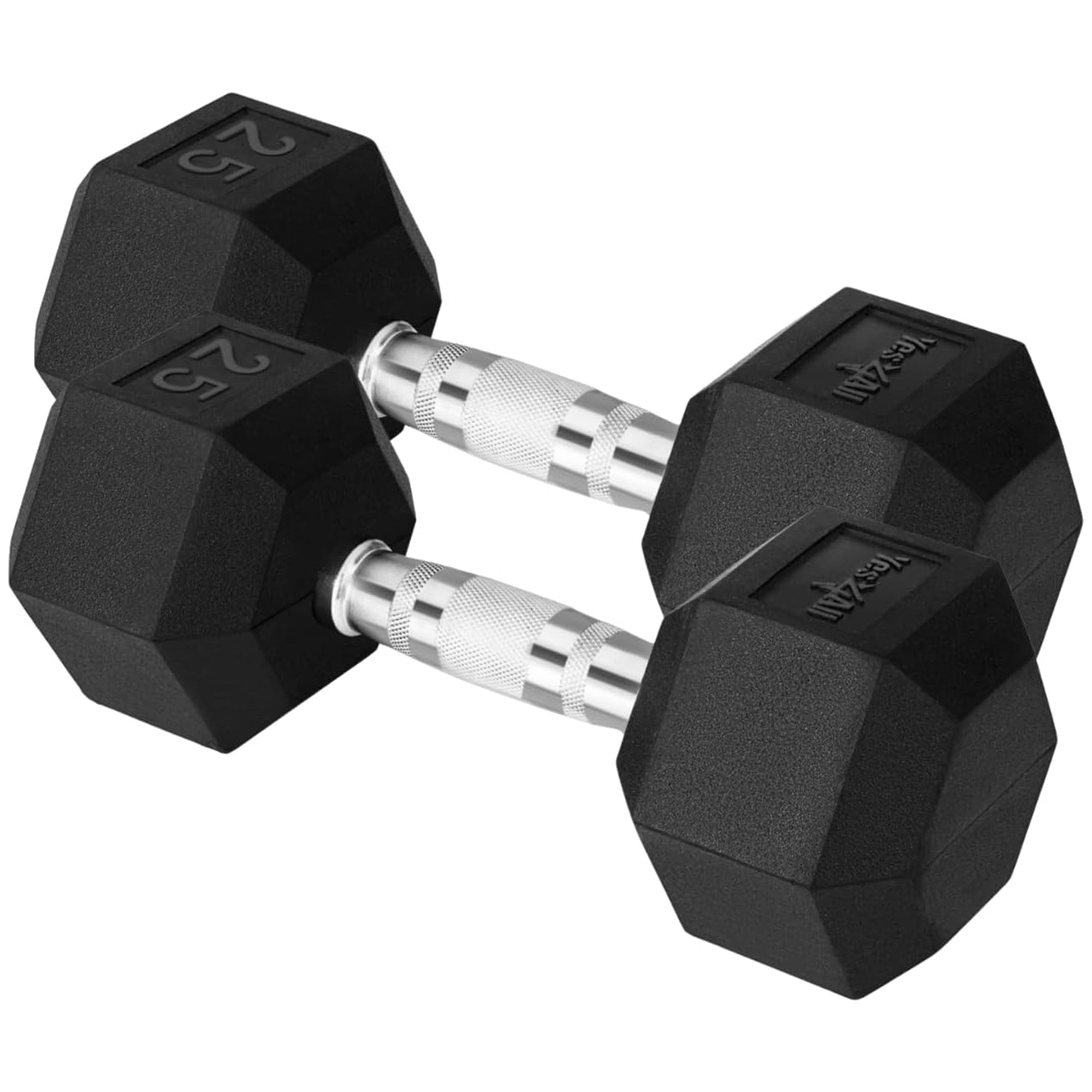 Yes4All Cast Iron Chrome Grip Hex Encased Dumbbells, Non-Slip, 25 Lb Pair, Black