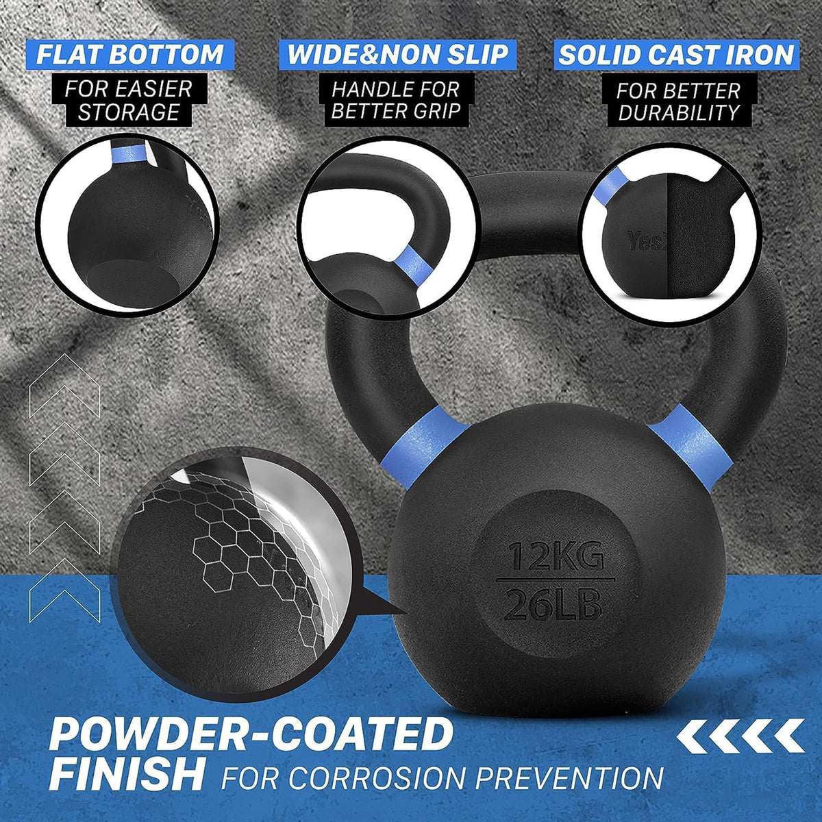 Yes4All 26-Pound Powder Coated Cast Iron Kettlebell Pair with Non-Slip Handle