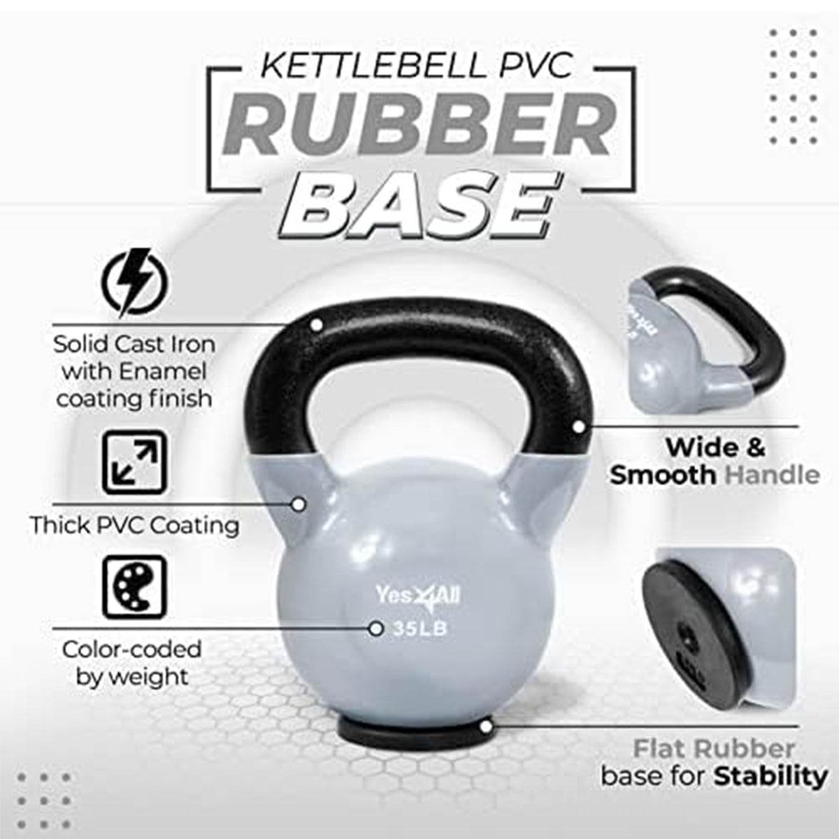 Yes4All 35 Pound PVC Kettlebell With Rubber Base for Strength Training, Grey