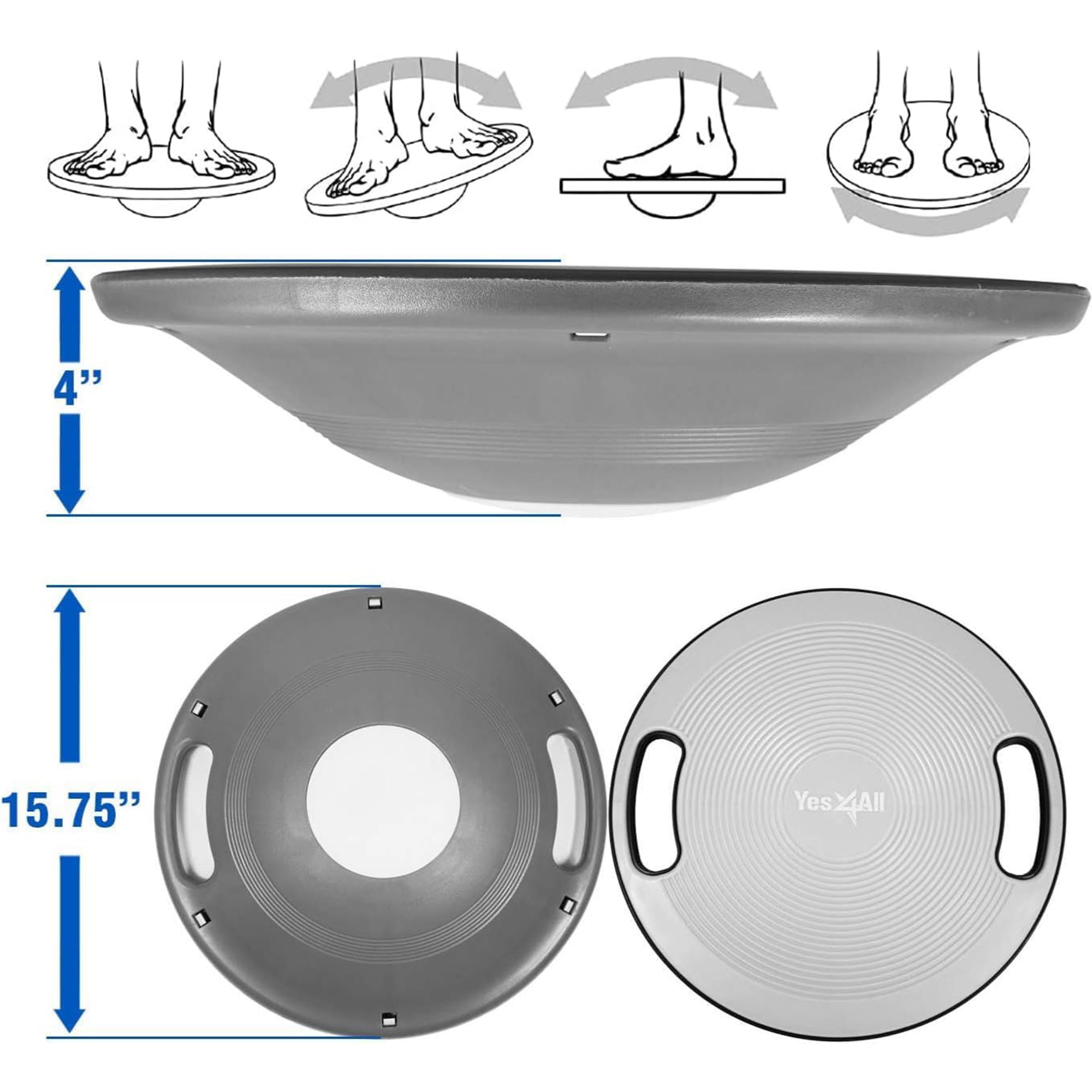 Yes4All Wobble Balance Board Plastic Stability Trainer with Handles, Silver