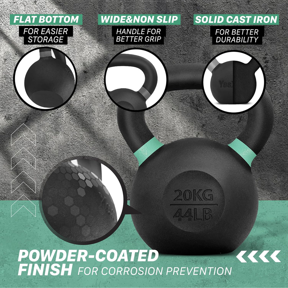 Yes4All Powder Coated Cast Iron Kettlebell, Non-Slip Handle, 44Lb, Pair, Black