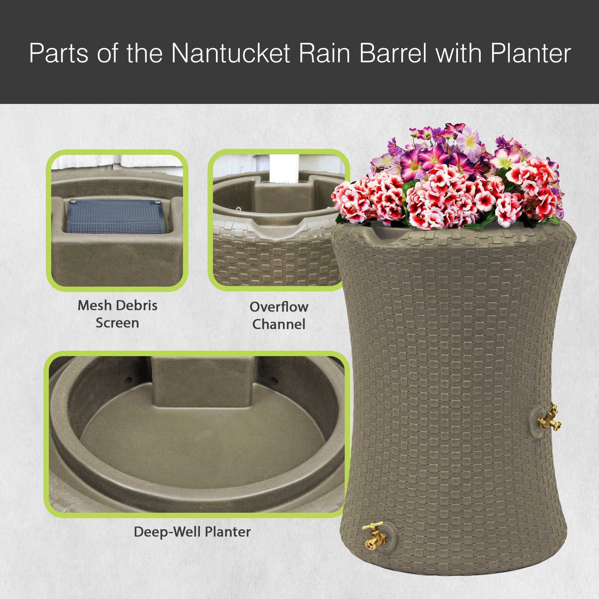Good Ideas 50 Gallon Nantucket Rain Barrel Planter, Coyote Granite (Open Box)