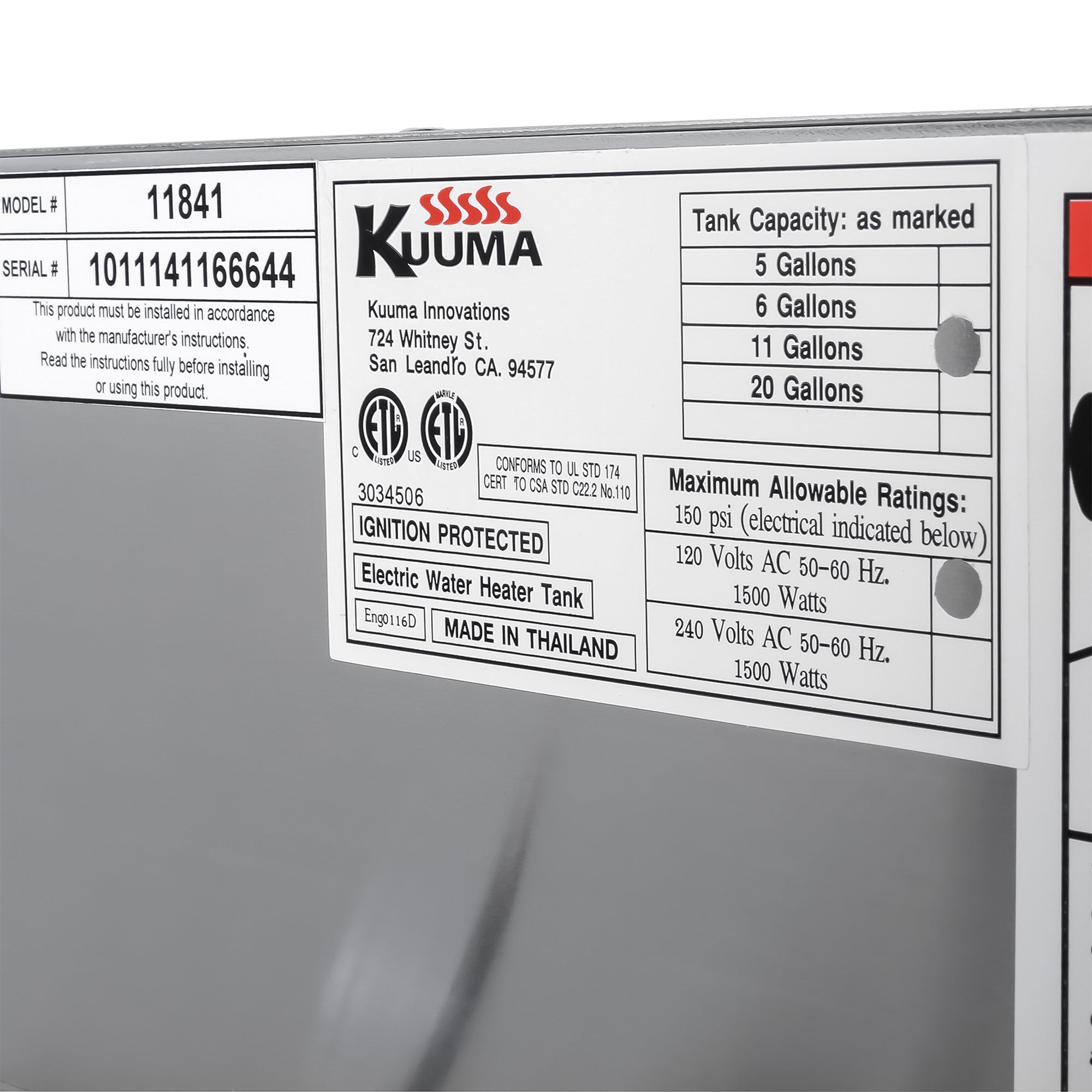 Kuuma 11 Gal Marine Water Heater, 120V Front Heat Exchange and Mounting Brackets - VMInnovations