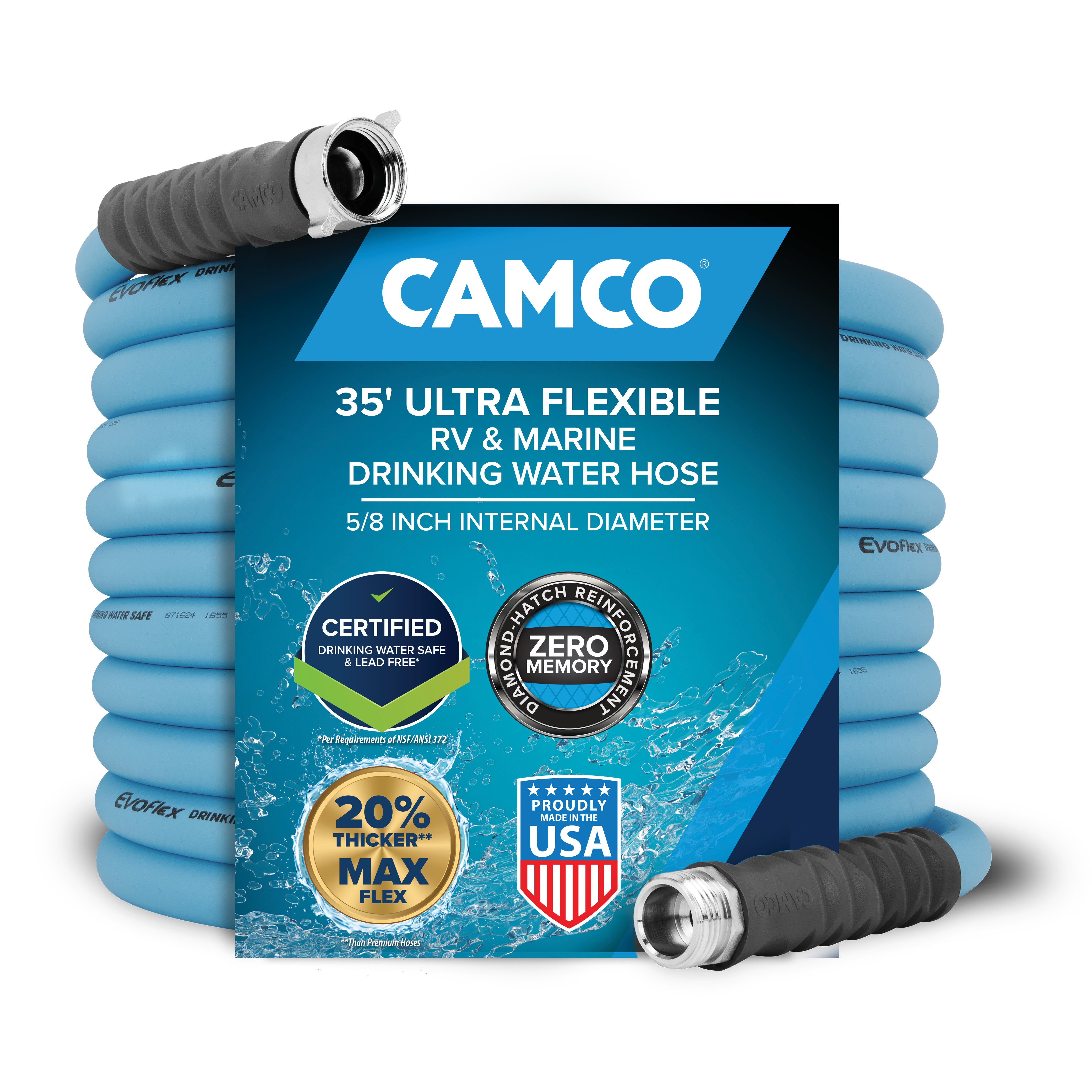 Camco EVOFlex 35 Ft RV Drinking Water Hose with Extra Flexible Design, Blue