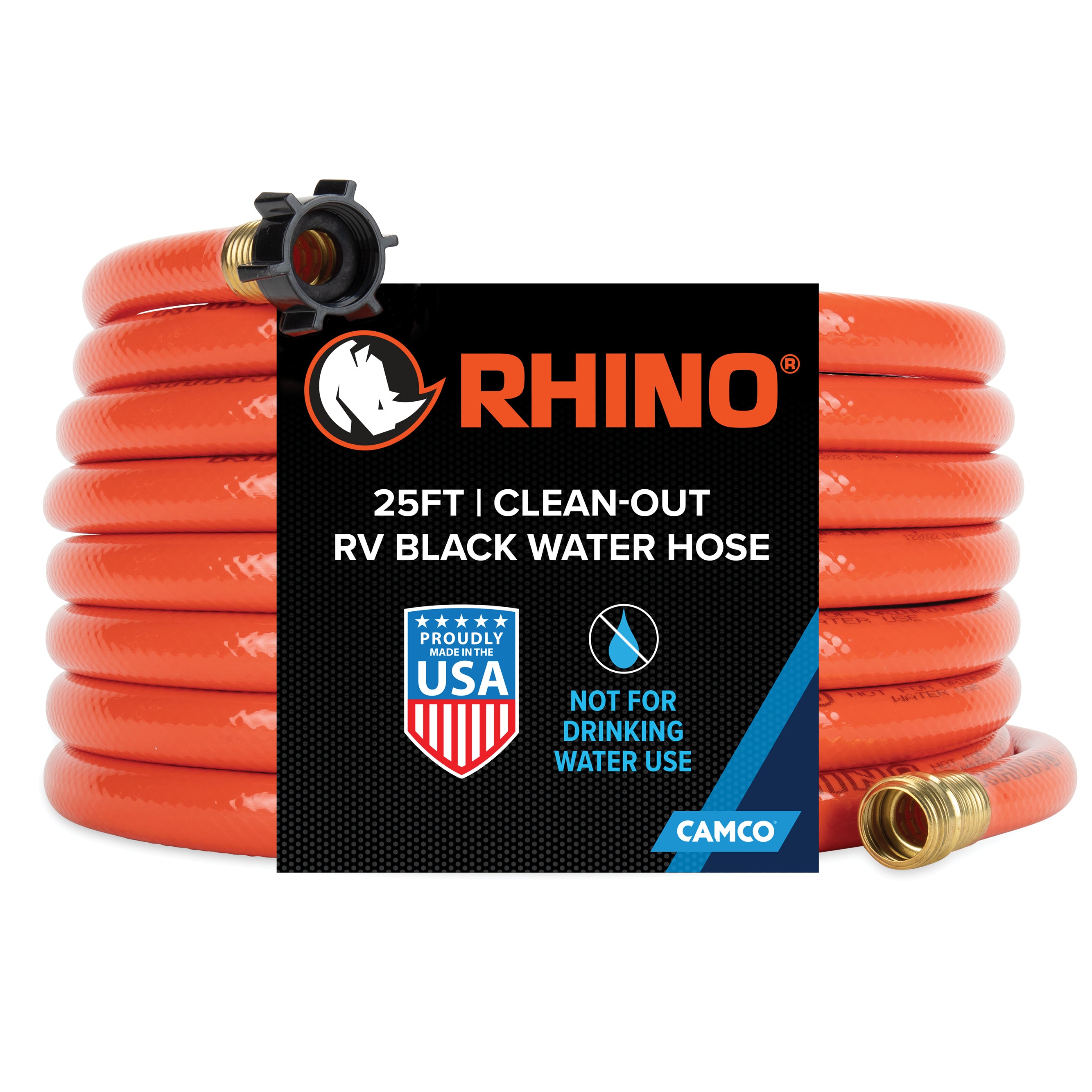 Rhino Rhinoflex 25' Clean Out Water Hose for Flushing RV Black/Grey Water Tanks