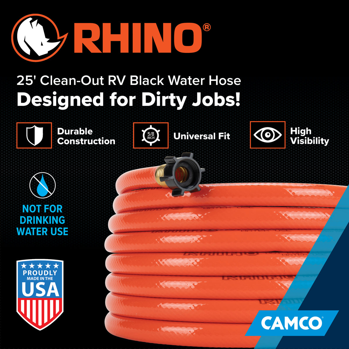 Rhino Rhinoflex 25' Clean Out Water Hose for Flushing RV Black/Grey Water Tanks