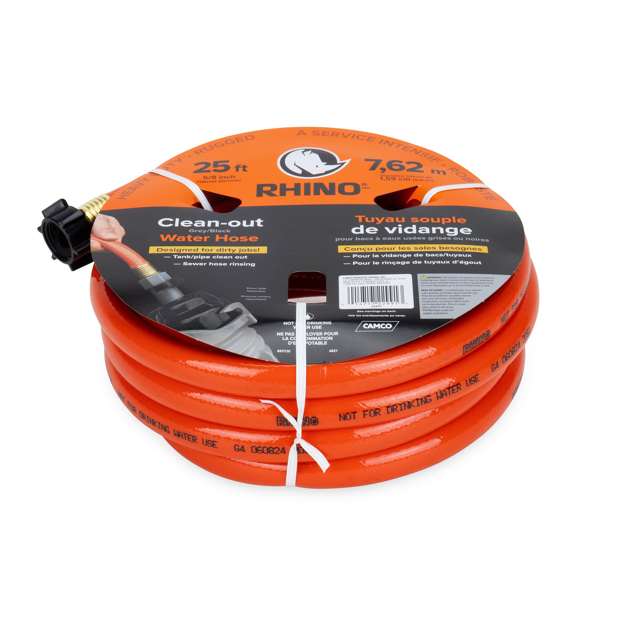 Rhino Rhinoflex 25' Clean Out Water Hose for Flushing RV Black/Grey Water Tanks