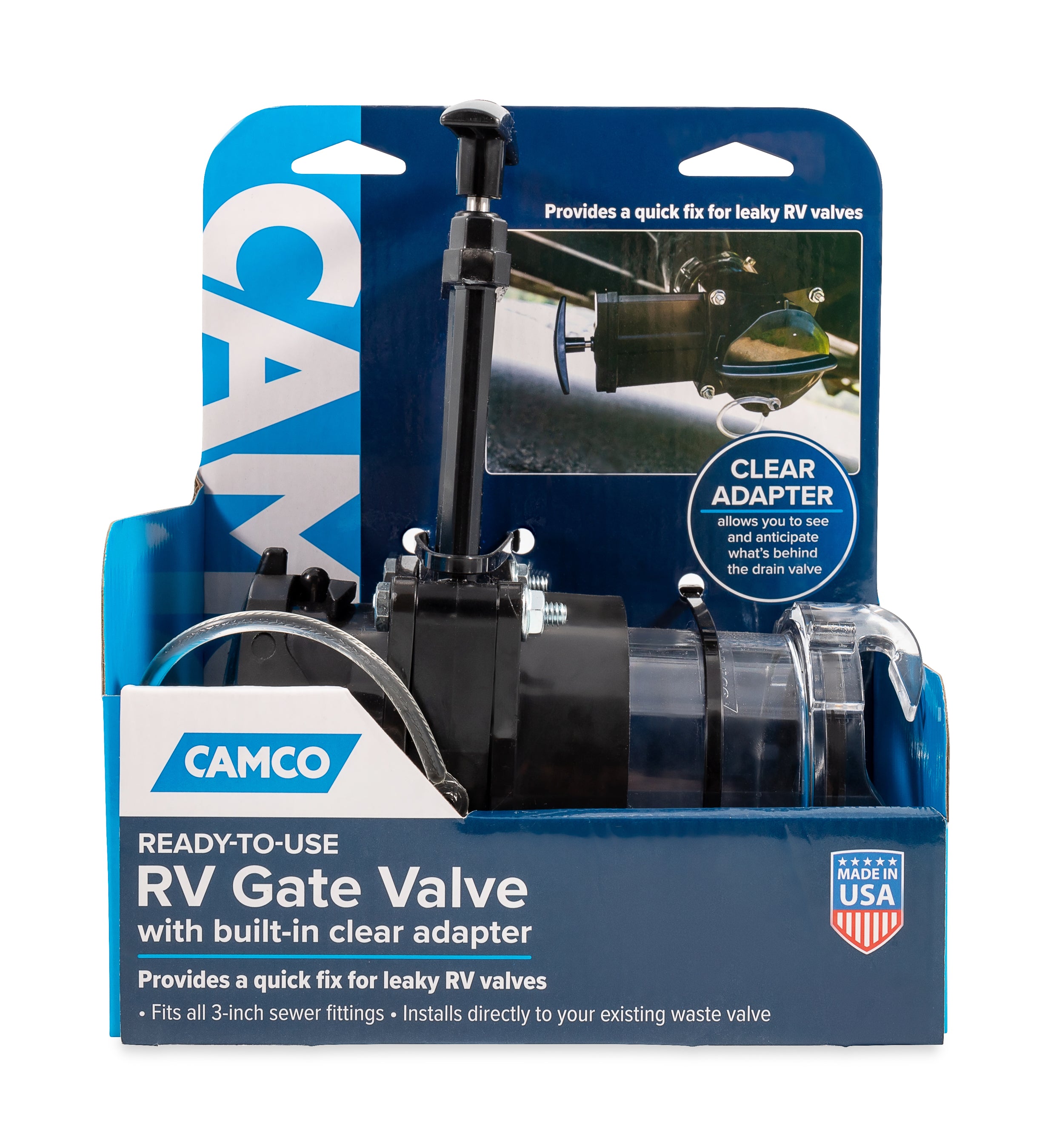 Camco 3" Gate Valve with 3.5" Clear Extension Cap for RV Waste Management, Black