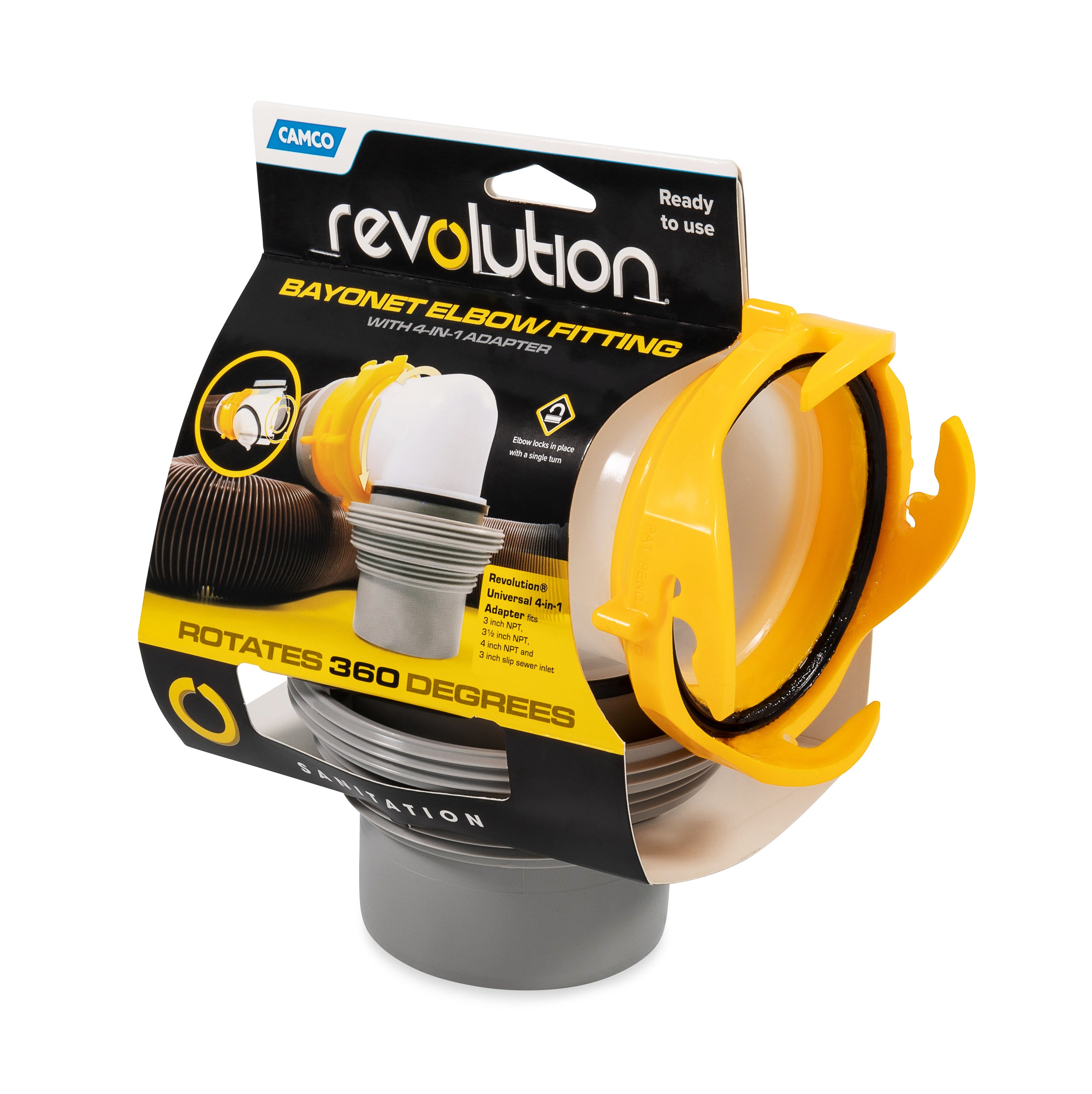 Camco Revolution RV Sewer Hose Elbow with 4-in-1 Adapter, 360-Degree Swivel - VMInnovations