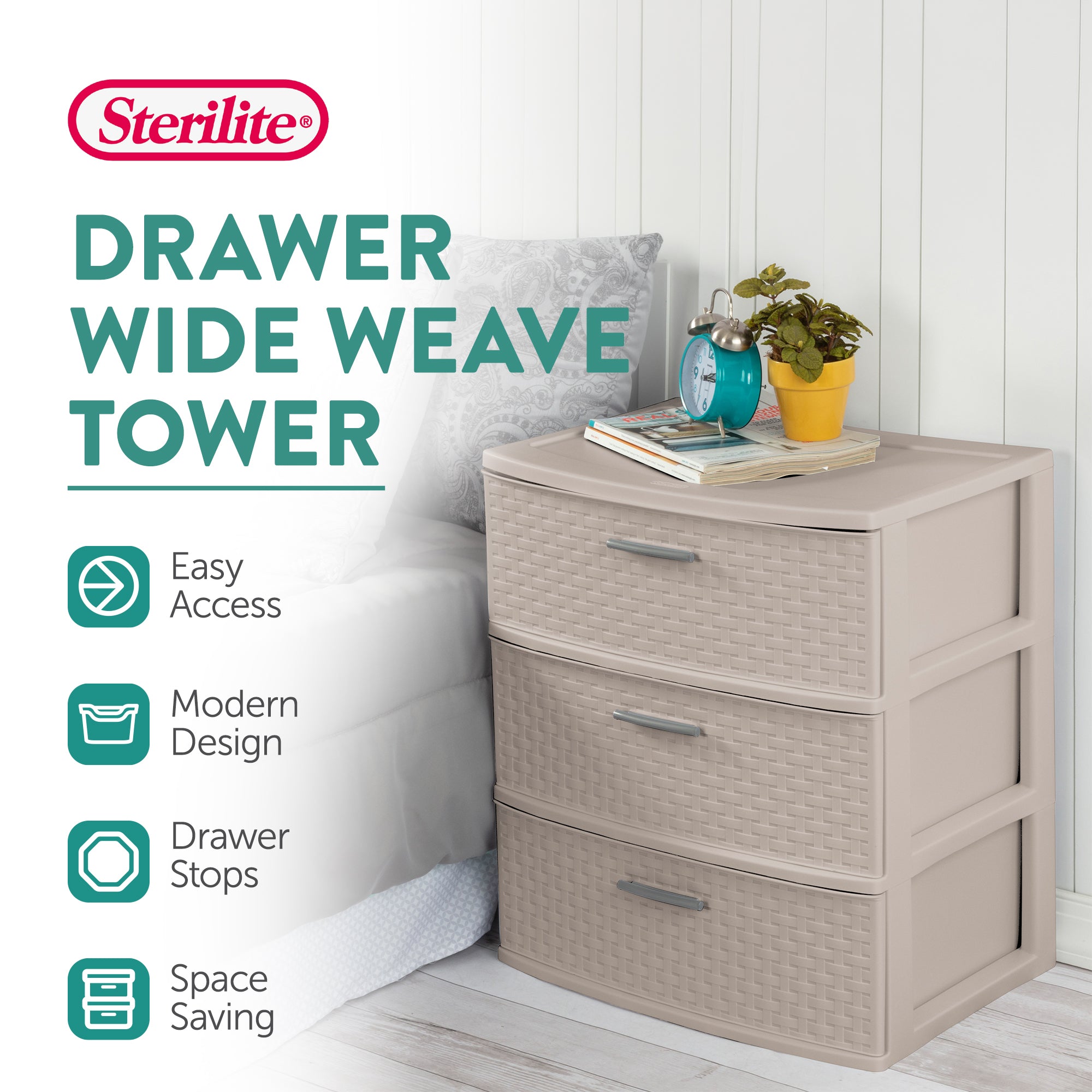 Sterilite 3 Drawer Wide Storage Tower, Plastic Weave Home Organizer, Grey Pumice - VMInnovations
