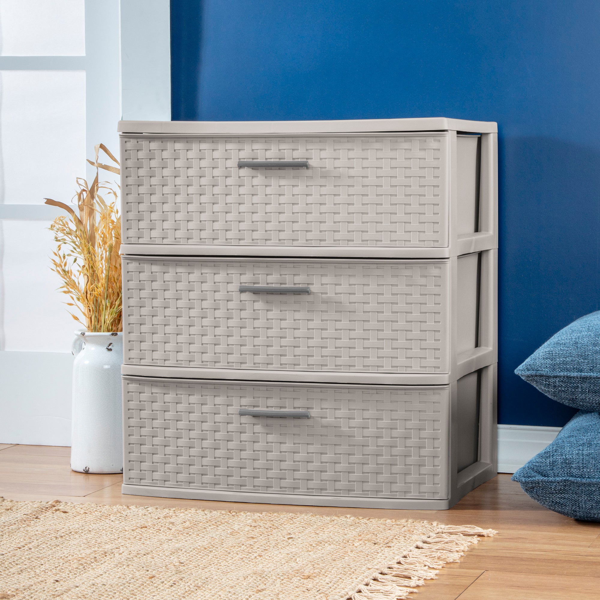 Sterilite 3 Drawer Wide Storage Tower, Weave Home Organizer, Grey Pumice, 2 Pack