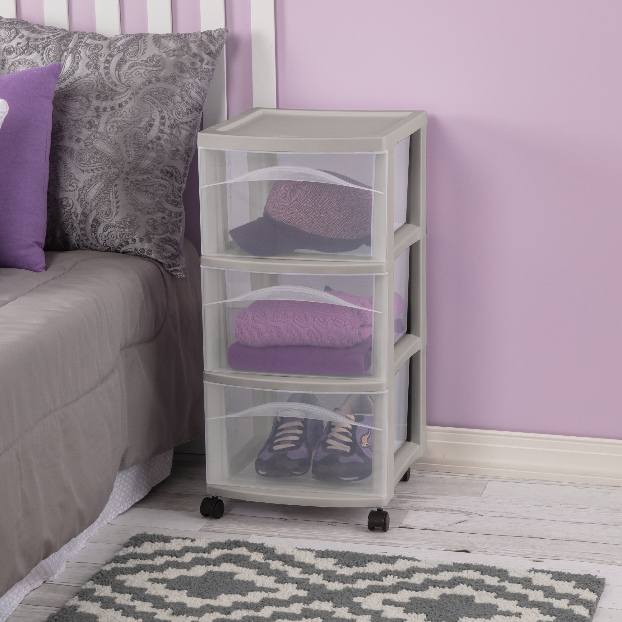 Sterilite 3 Drawer Storage Cart, Plastic Rolling Organization, Grey Pumice, 6 Pk