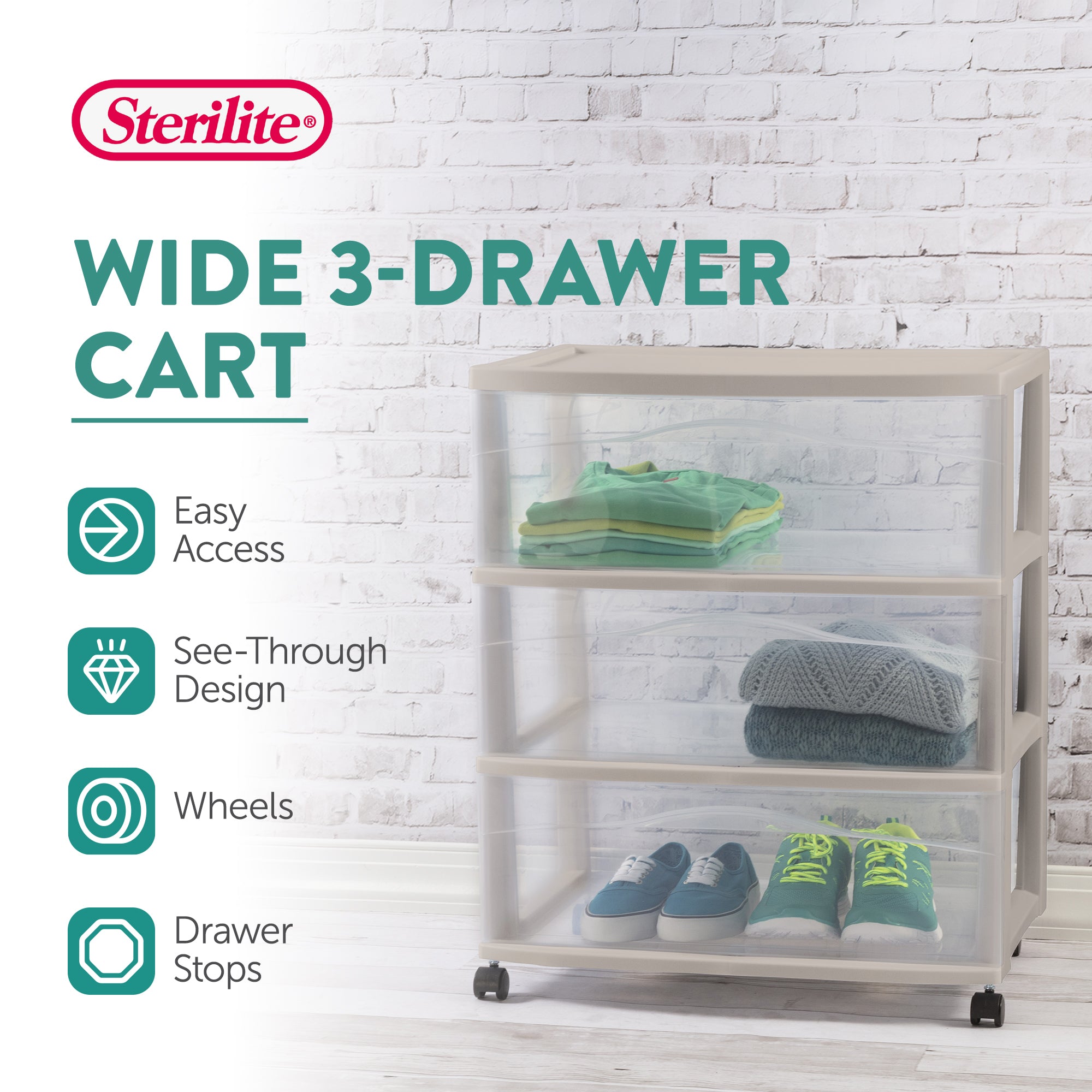 Sterilite Wide 3 Drawer Storage Cart, Plastic Rolling Organization Cart, Grey - VMInnovations