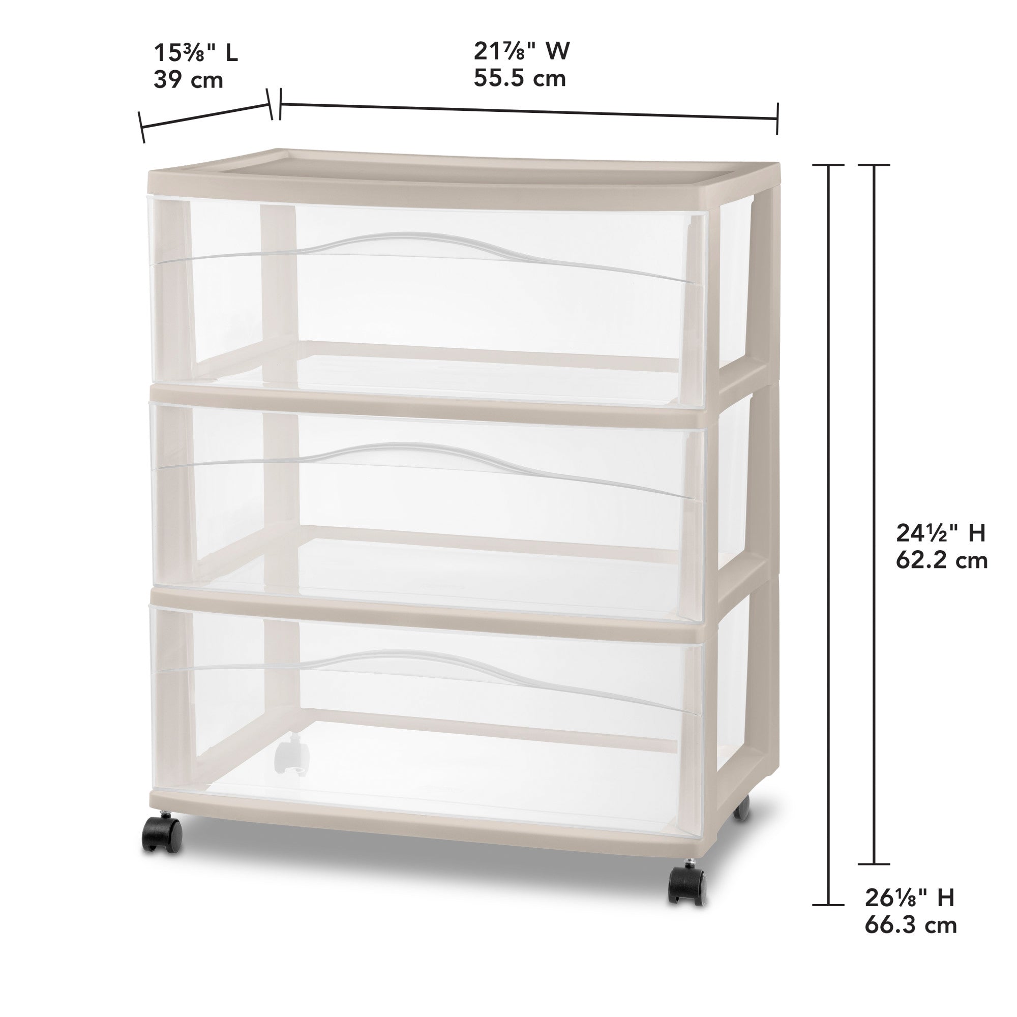 Sterilite Wide 3 Drawer Storage Cart, Plastic Rolling Organization, Grey, 2 Pack