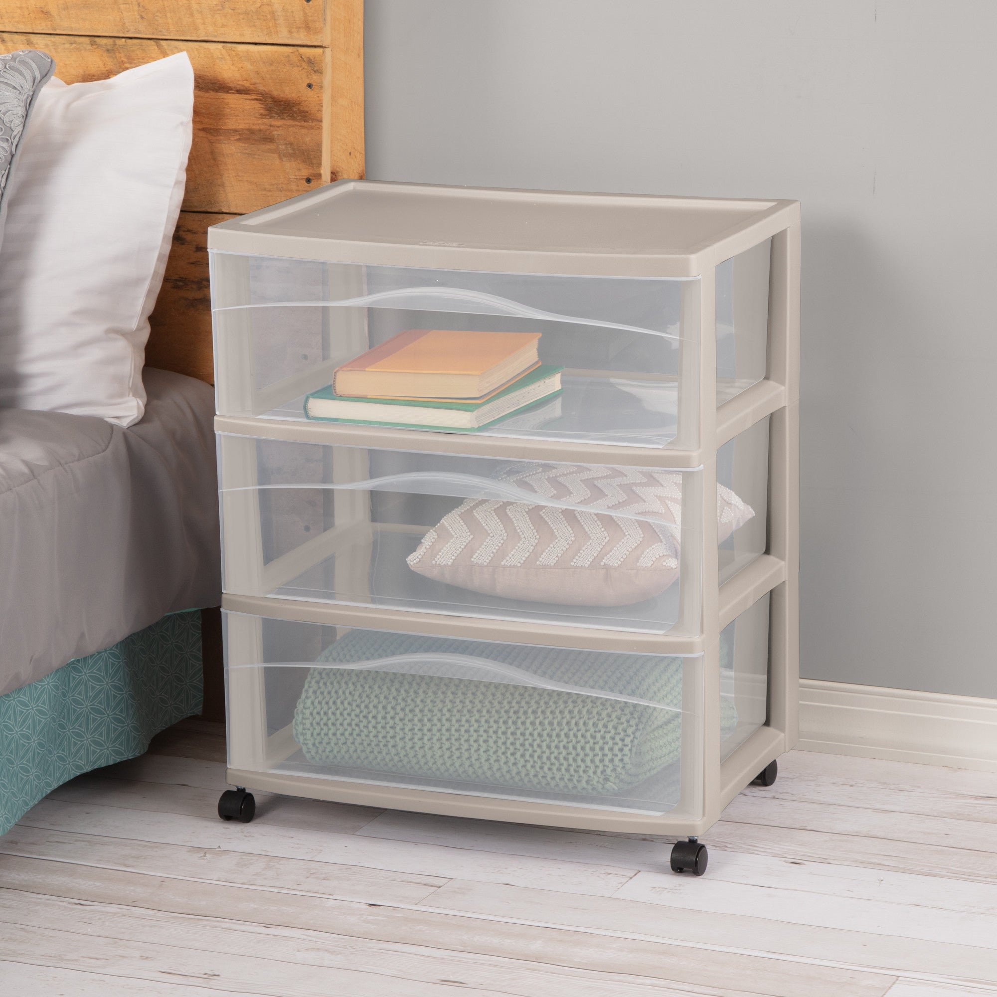 Sterilite Wide 3 Drawer Storage Cart, Plastic Rolling Organization, Grey, 2 Pack