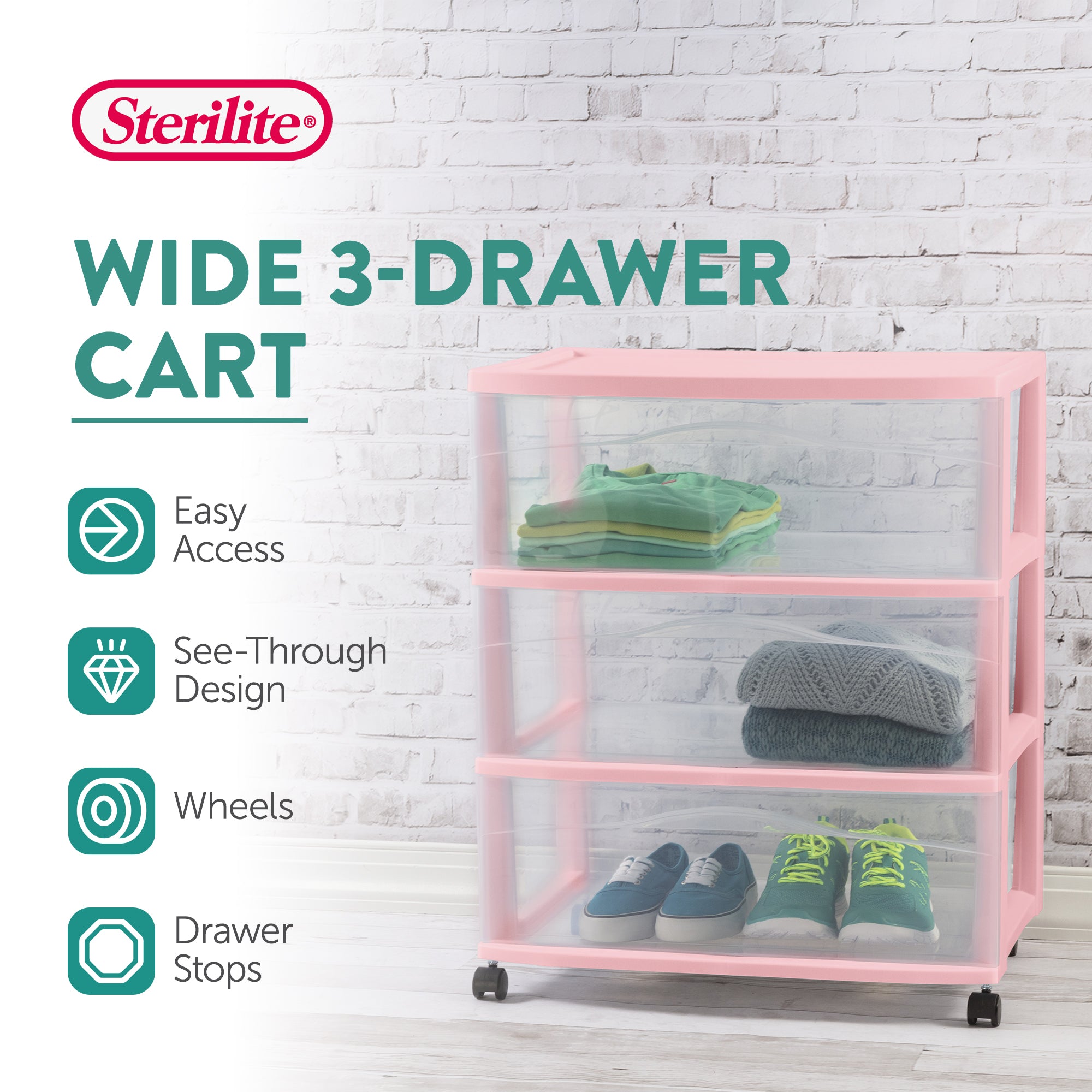 Sterilite Wide 3 Drawer Storage Cart, Plastic Rolling Organization Cart, Pink - VMInnovations