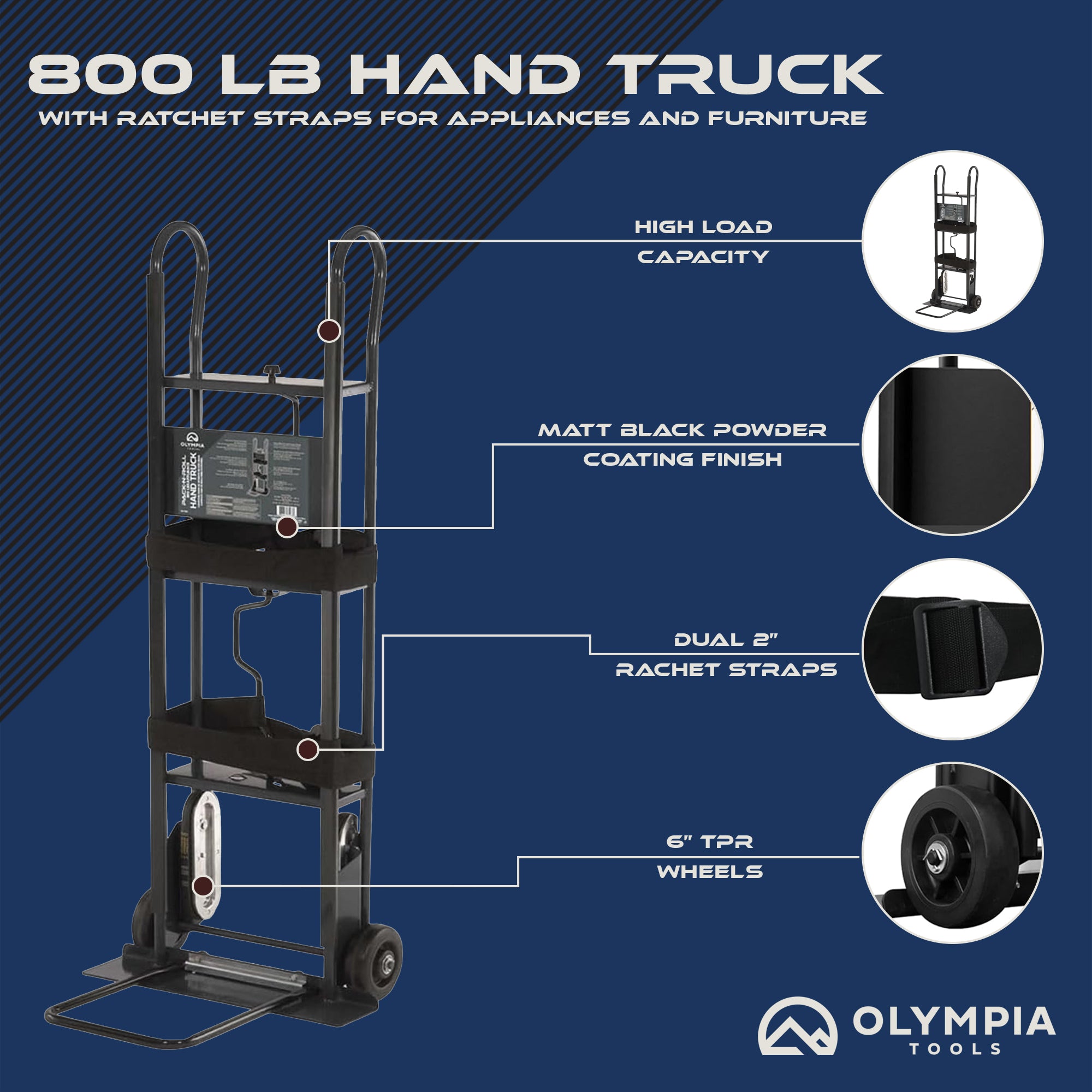 Olympia Tools 800 Lb Hand Truck with Ratchet Straps for Appliances and Furniture - VMInnovations