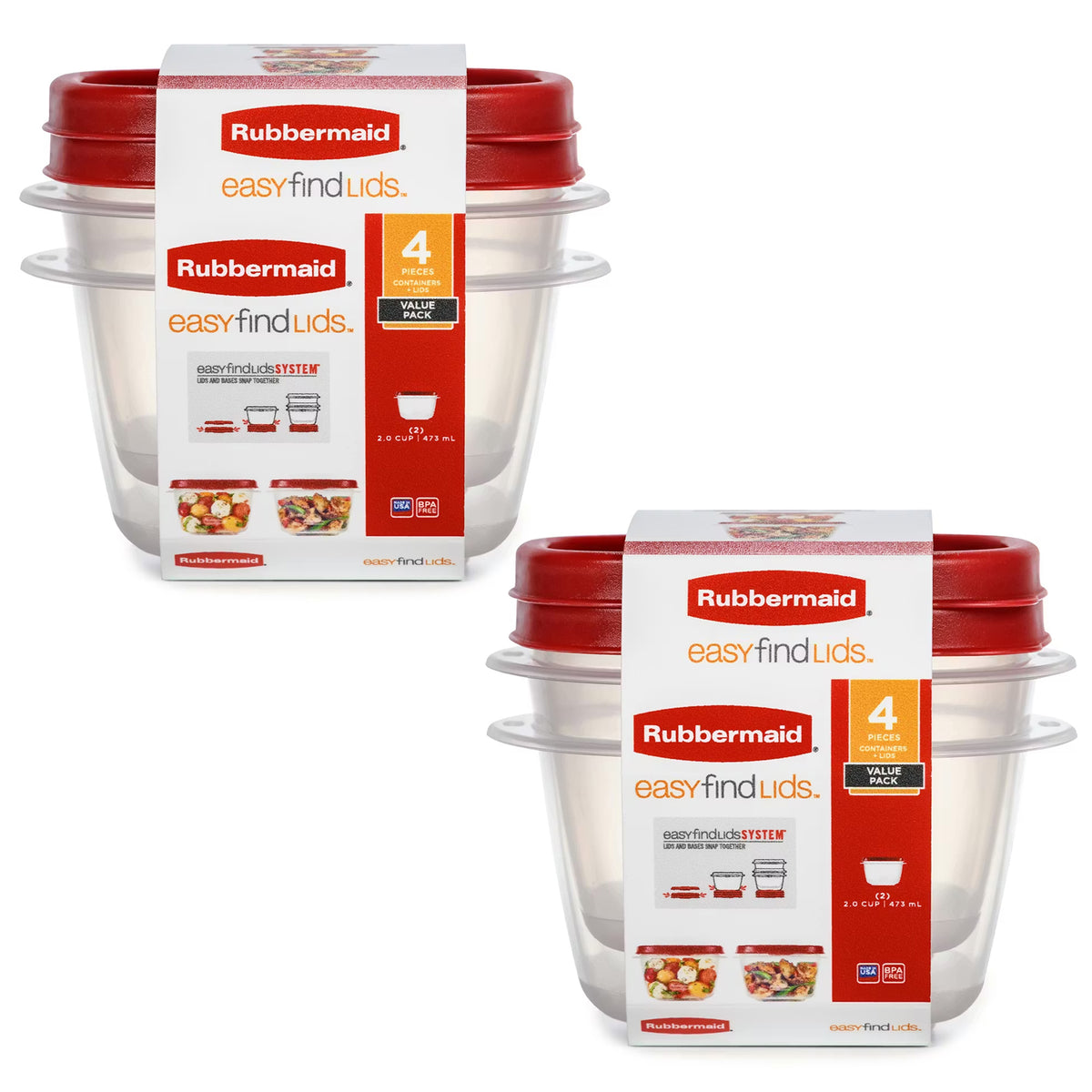 Rubbermaid Clear Food Storage and Organization Container Set w/ Lid, 4 Pack, Red