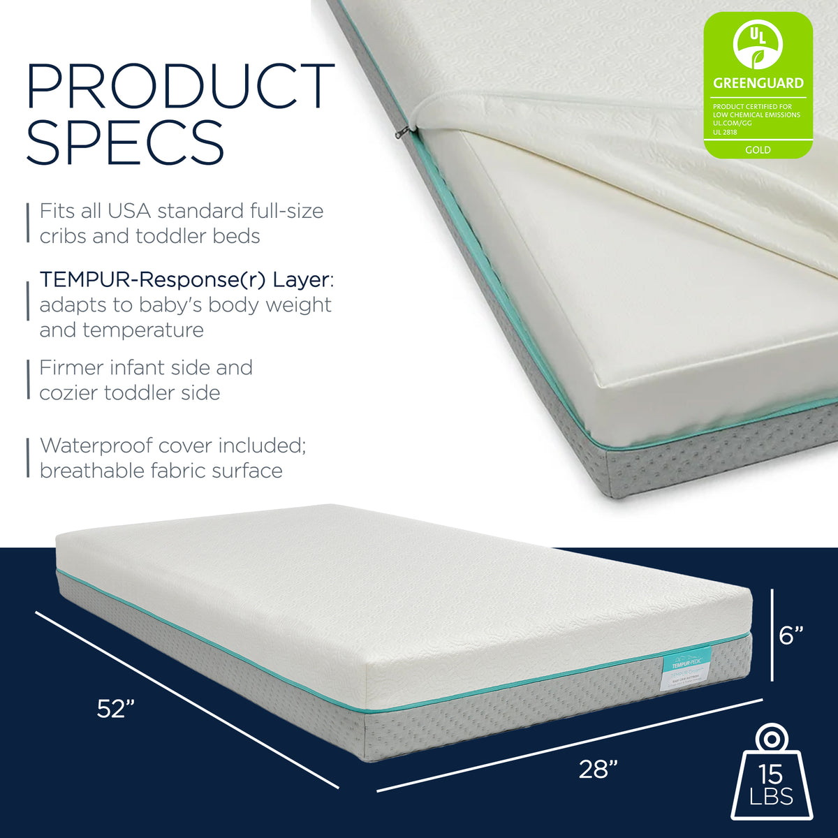 Tempur-Pedic Tempur-Dream 2-Stage Waterproof Baby Crib Mattress, (Open Box) - VMInnovations