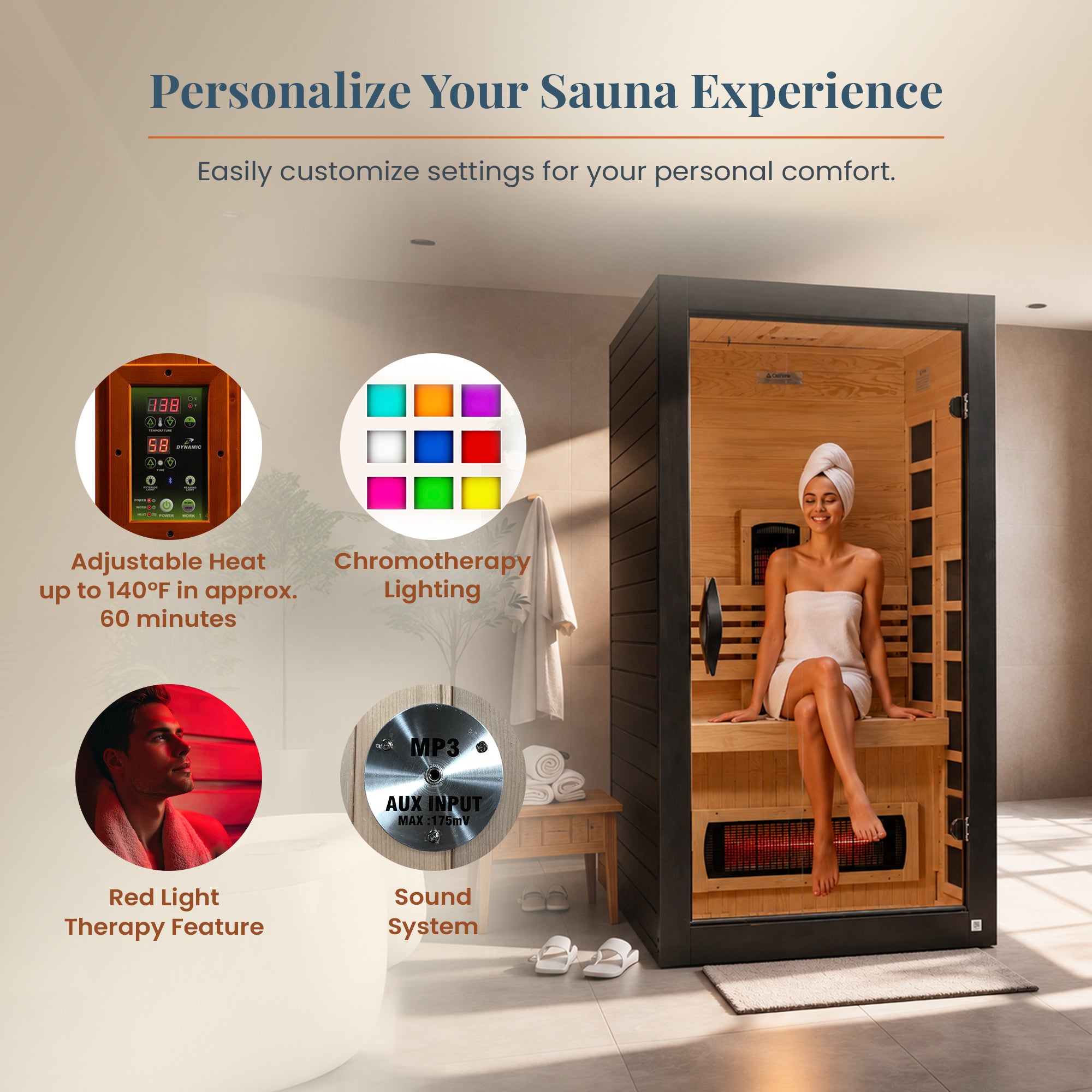Dynamic Saunas Santorini 1-2 Person Full Spectrum IR Sauna Lighting, Speakers - VMInnovations