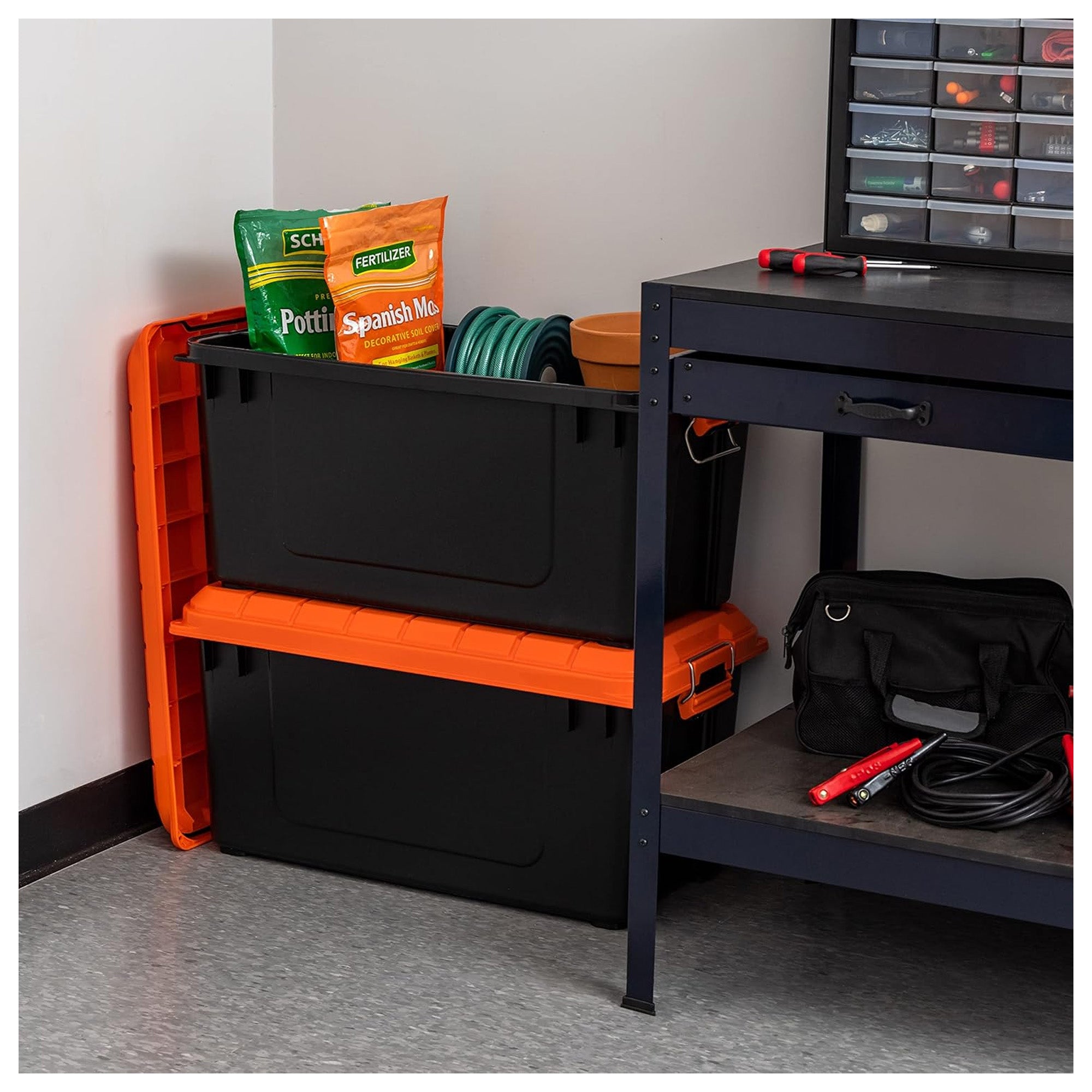 IRIS USA 21 Gal Store-It-All Plastic Storage Bins with Lids, Black/Orange, 3Pack - VMInnovations