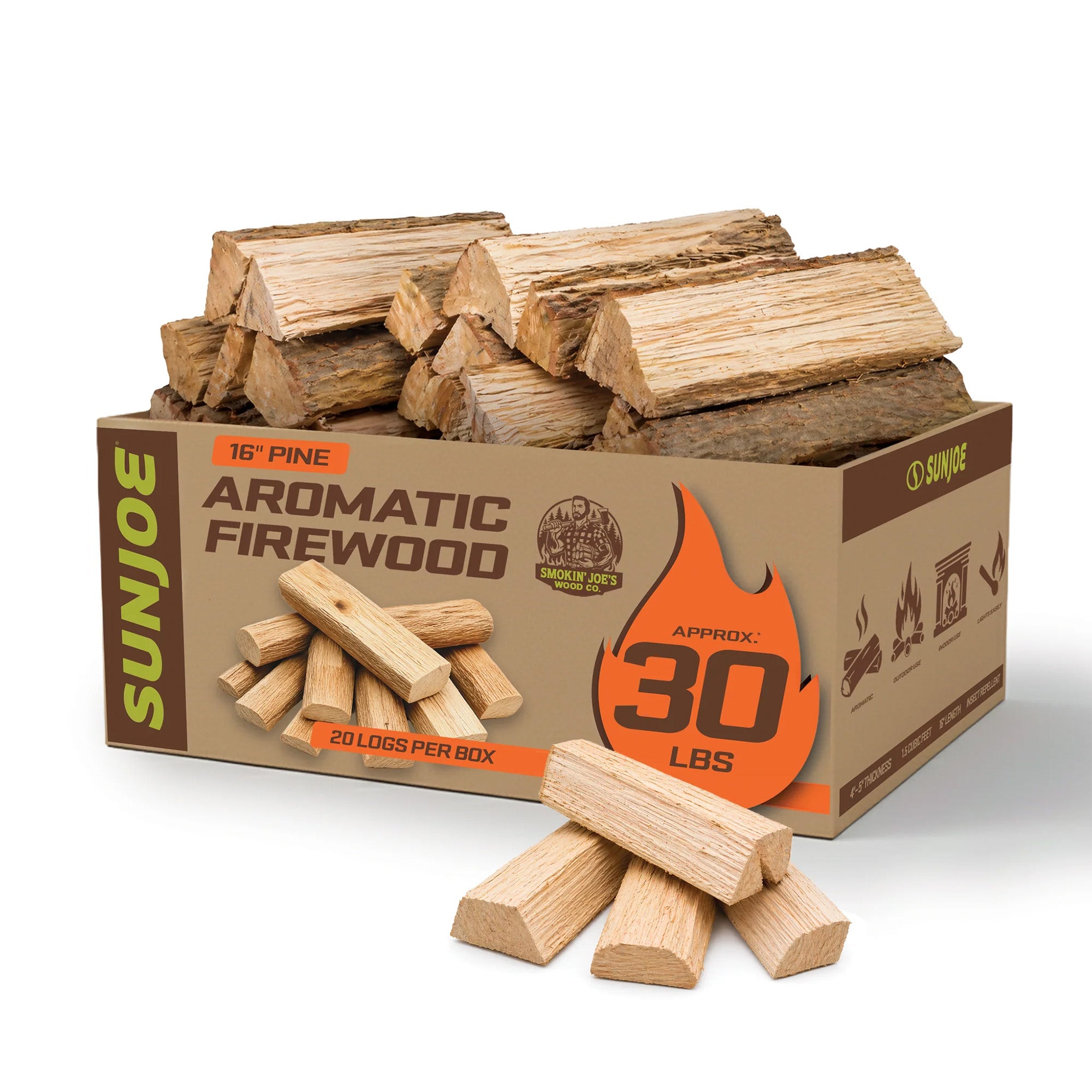 Sun Joe 16" Pine Aromatic Firewood, Natural Kiln-Dried for Fireplaces, 20 Logs - VMInnovations