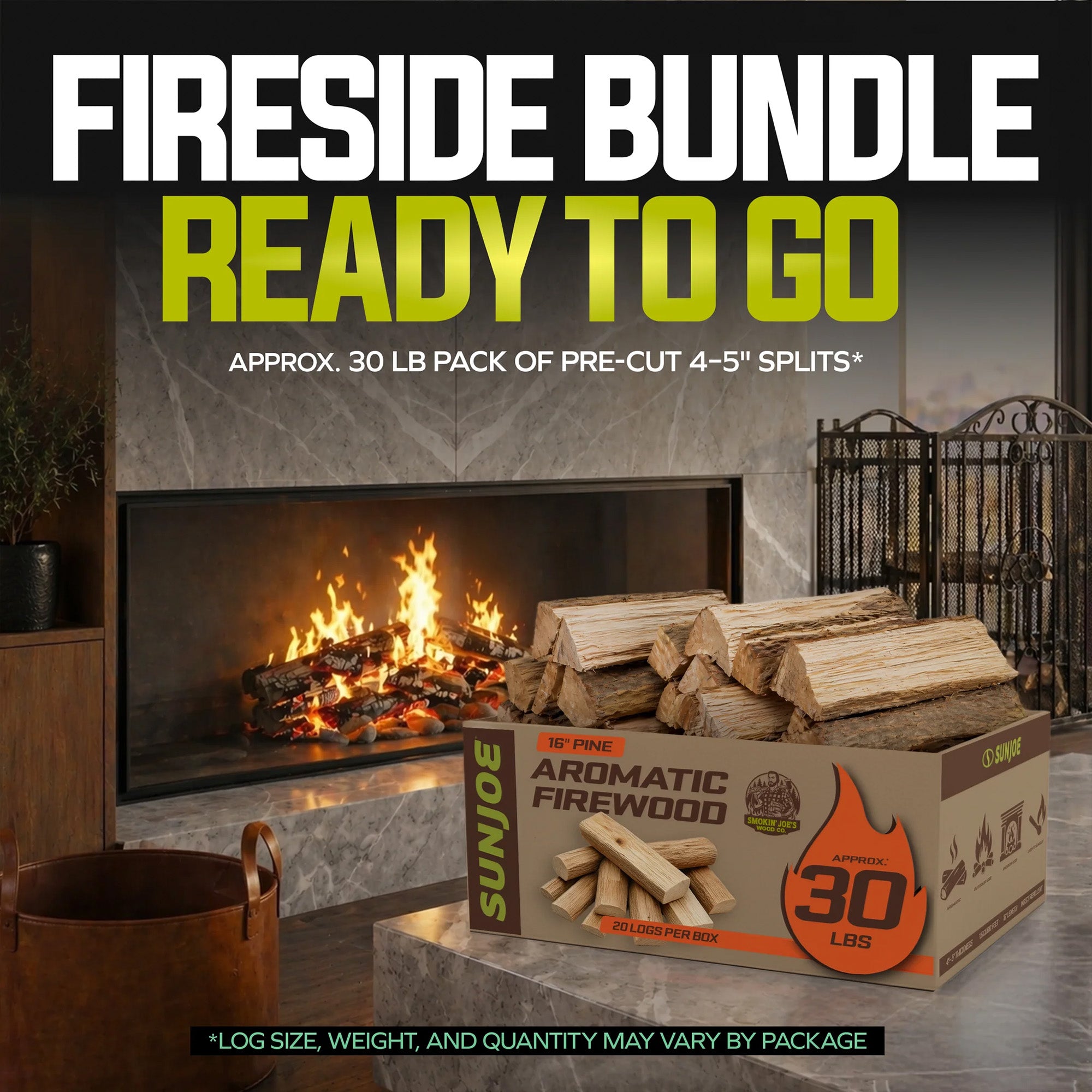 Sun Joe 16" Pine Aromatic Firewood, Natural Kiln-Dried for Fireplaces, 20 Logs - VMInnovations
