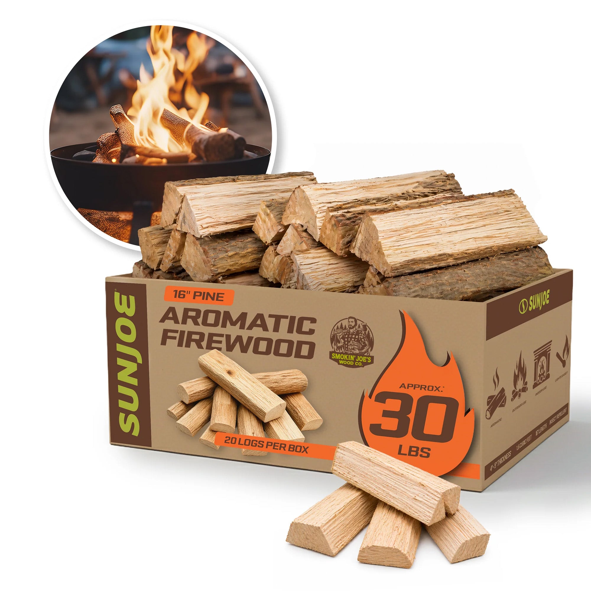 Sun Joe 16" Pine Aromatic Firewood, Natural Kiln-Dried for Fireplaces, 20 Logs - VMInnovations