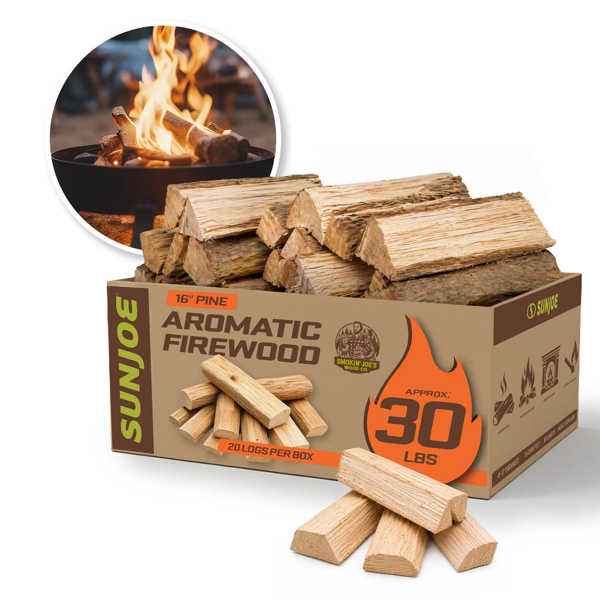 Sun Joe 16" Pine Aromatic Firewood, Natural Kiln-Dried for Fireplaces, 20 Logs (Open Box)