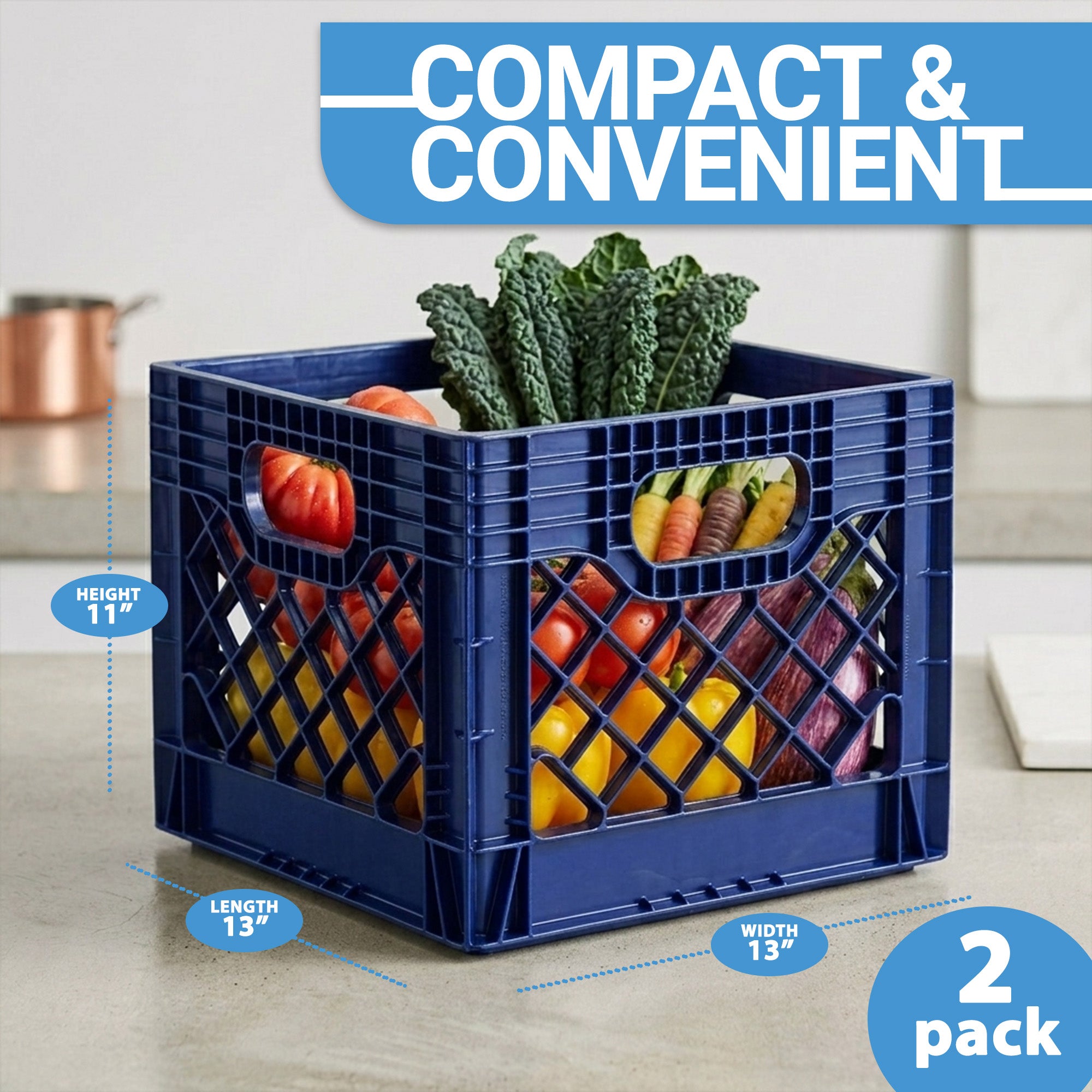 Mirapet Milk Crate, Stackable Plastic Storage with Handles, 16 Qt, Blue, 2 Pack (Open Box)