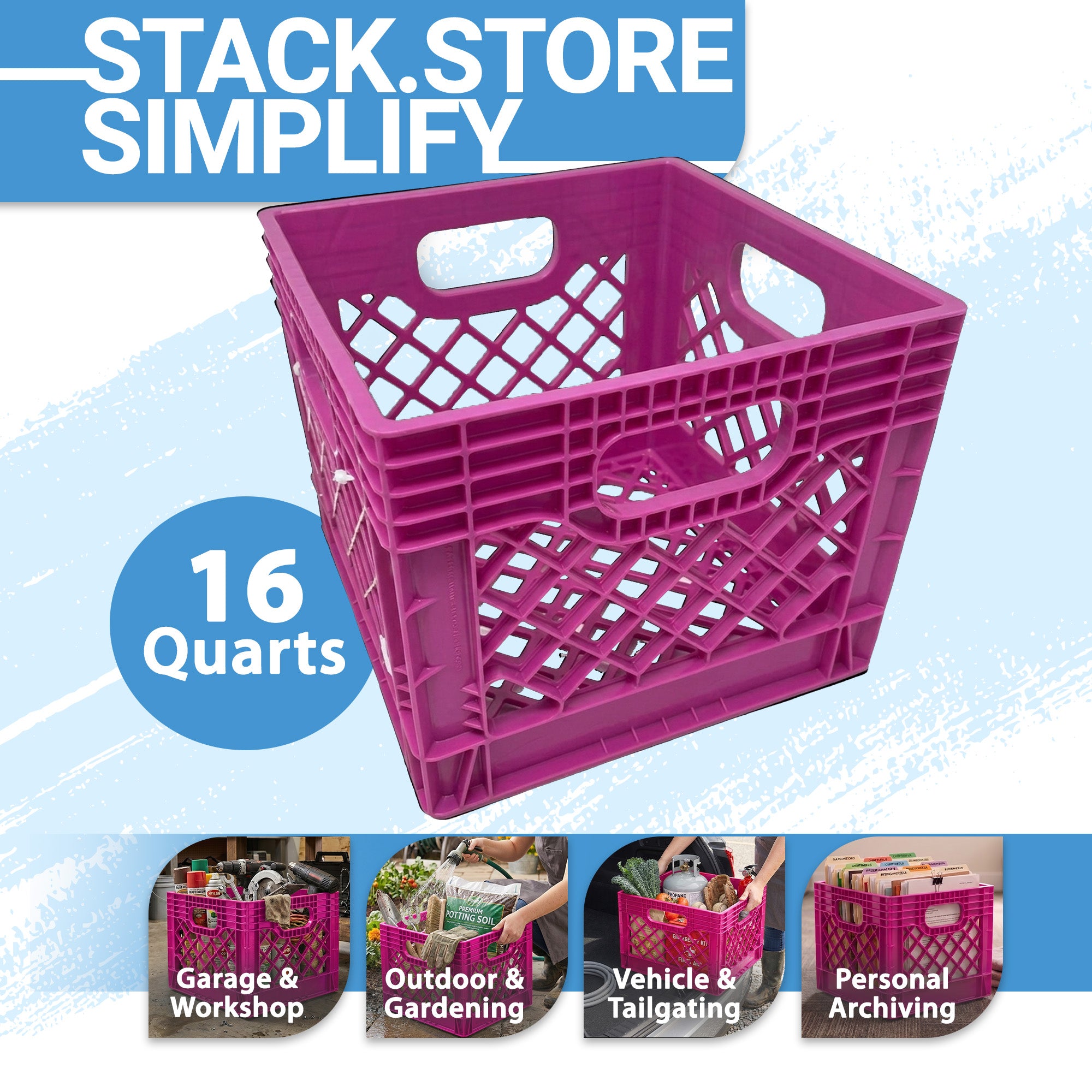 Mirapet Milk Crate, Stackable Plastic Storage with Handles, 16 Qt, Berry, 2 Pack - VMInnovations