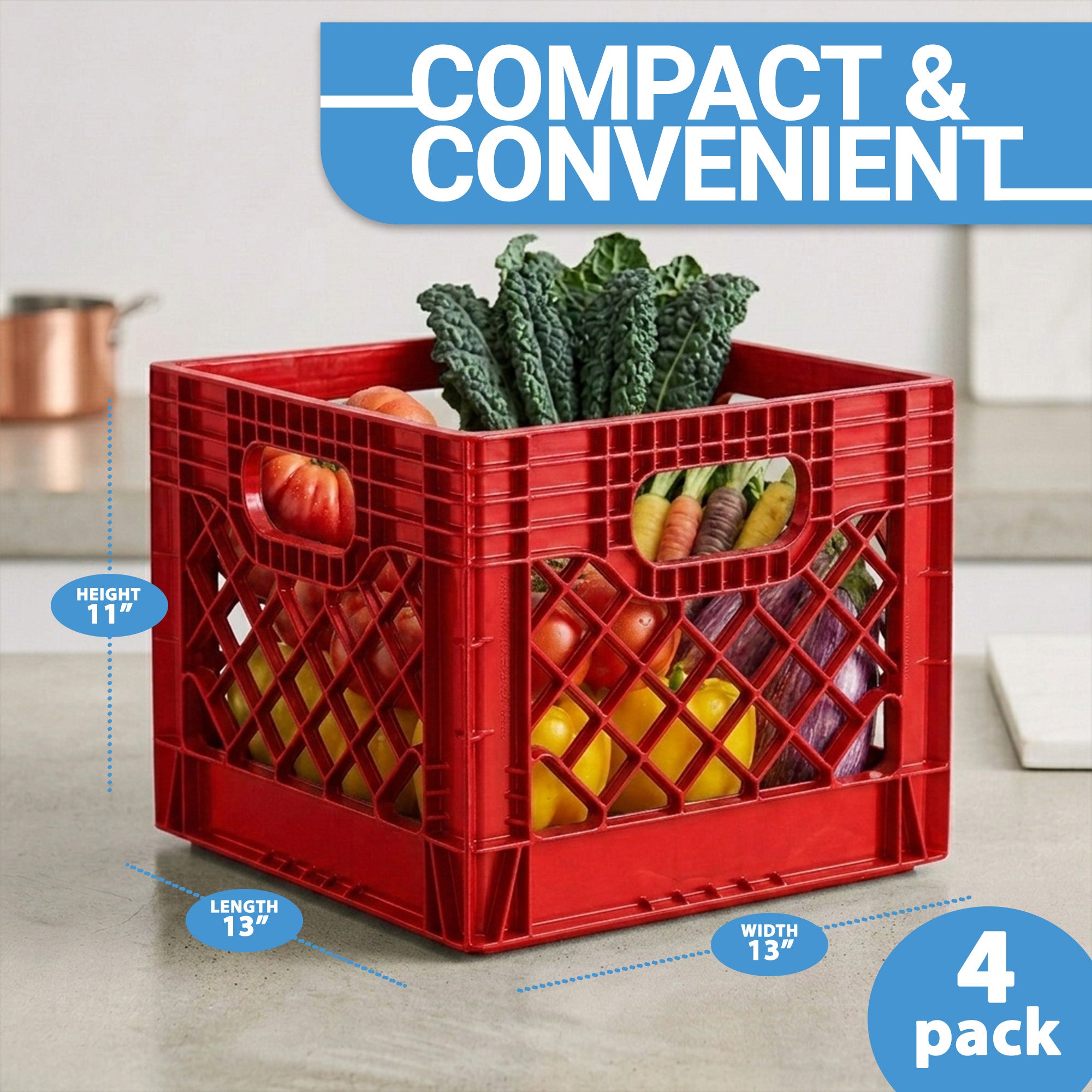 MIRAMAR Milk Crate, Stackable Plastic Storage with Handles, 16 Qt, Red, 4 Pack