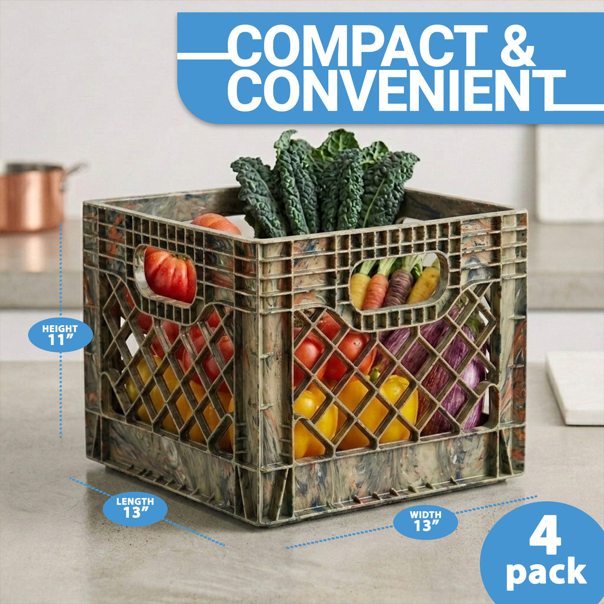 MIRAMAR Milk Crate, Stackable Plastic Storage with Handles, 16 Qt, (Open Box)