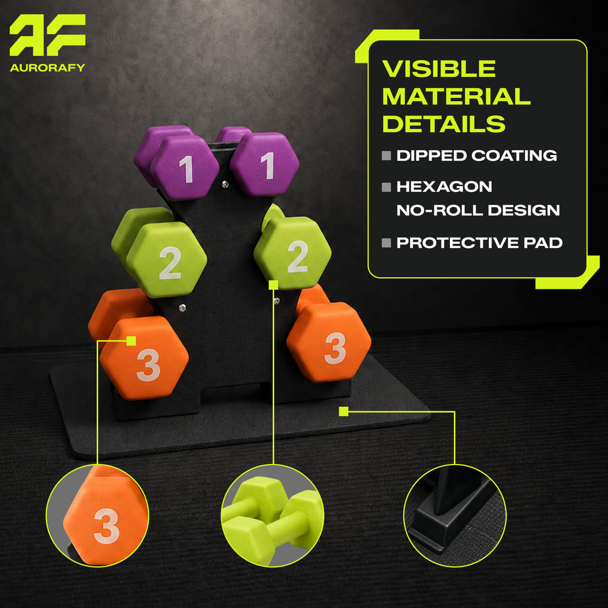 Aurorafy Neoprene Dumbbell Workout Set & Rack, 1 lbs, 2 lbs, & 3 lbs, Multicolor