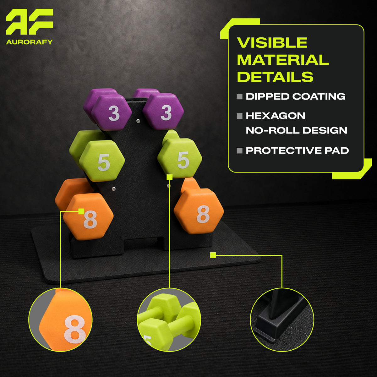 Aurorafy Neoprene Dumbbell Workout Set with Rack, 3lbs, 5lbs, & 8lbs, Multicolor