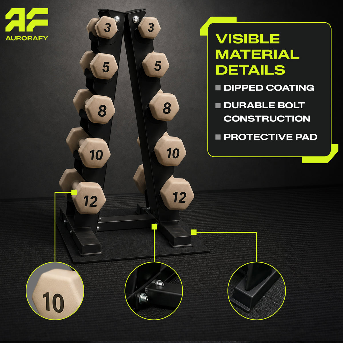 Aurorafy Neoprene Dumbbell Workout Set with Rack, 3, 5, 8 ,10, & 12 lbs, Beige